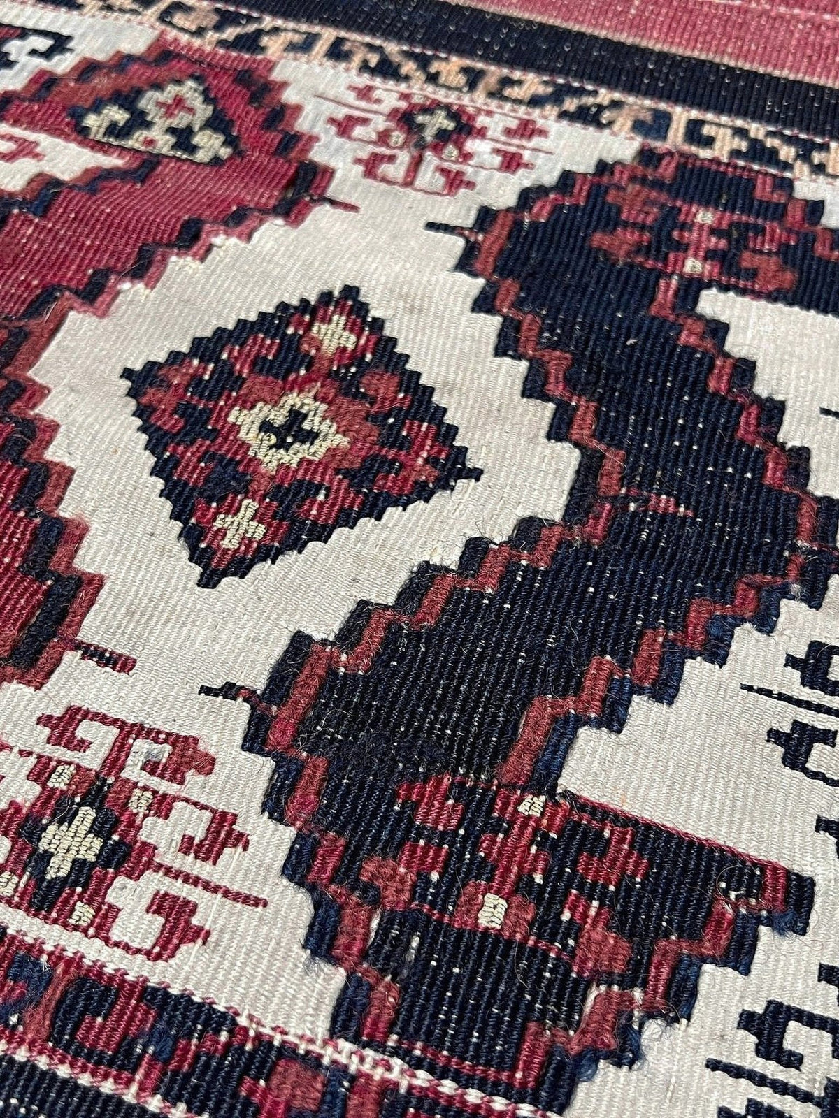 3x5 Antique Malatya Turkish kilim  rug in madder red, mustard, and indigo blue with tribal motifs — handmade wool rug from the 1930s, available at Indigo Rugs, the best rug shop in San Francisco Bay Area, Burlingame CA.