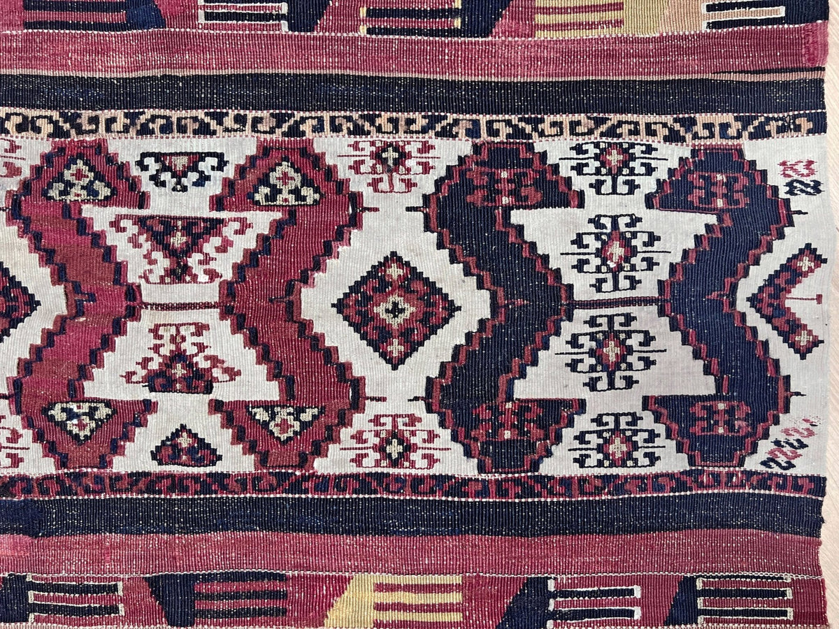 3x5 Antique Malatya Turkish kilim  rug in madder red, mustard, and indigo blue with tribal motifs — handmade wool rug from the 1930s, available at Indigo Rugs, the best rug shop in San Francisco Bay Area, Burlingame CA.