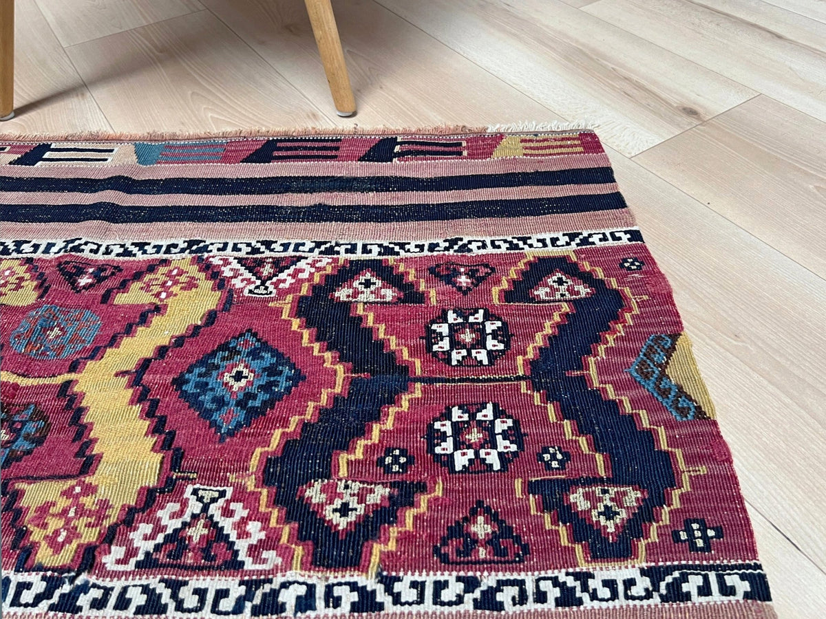 3x5 Antique Malatya Turkish kilim  rug in madder red, mustard, and indigo blue with tribal motifs — handmade wool rug from the 1930s, available at Indigo Rugs, the best rug shop in San Francisco Bay Area, Burlingame CA.