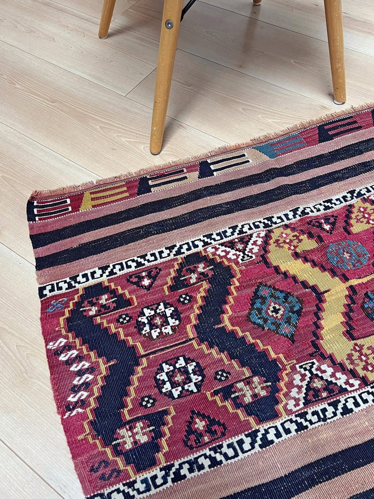 3x5 Antique Malatya Turkish kilim  rug in madder red, mustard, and indigo blue with tribal motifs — handmade wool rug from the 1930s, available at Indigo Rugs, the best rug shop in San Francisco Bay Area, Burlingame CA.