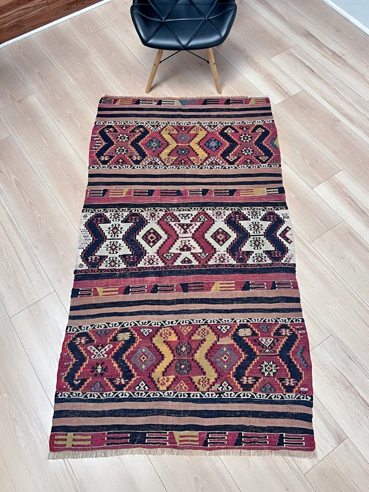 3x5 Antique Malatya Turkish kilim  rug in madder red, mustard, and indigo blue with tribal motifs — handmade wool rug from the 1930s, available at Indigo Rugs, the best rug shop in San Francisco Bay Area, Burlingame CA.