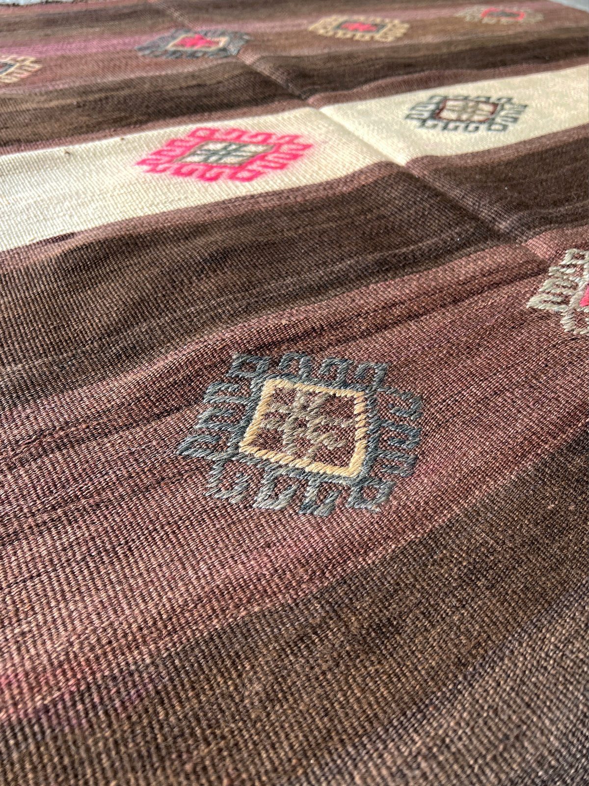4x7 Brown cream handmade turkish kilim rug for living room bedroom kitchen entry. Flatweave wool carpet with stripes from best kilim rug shop san francisco bay area. Free shipping.