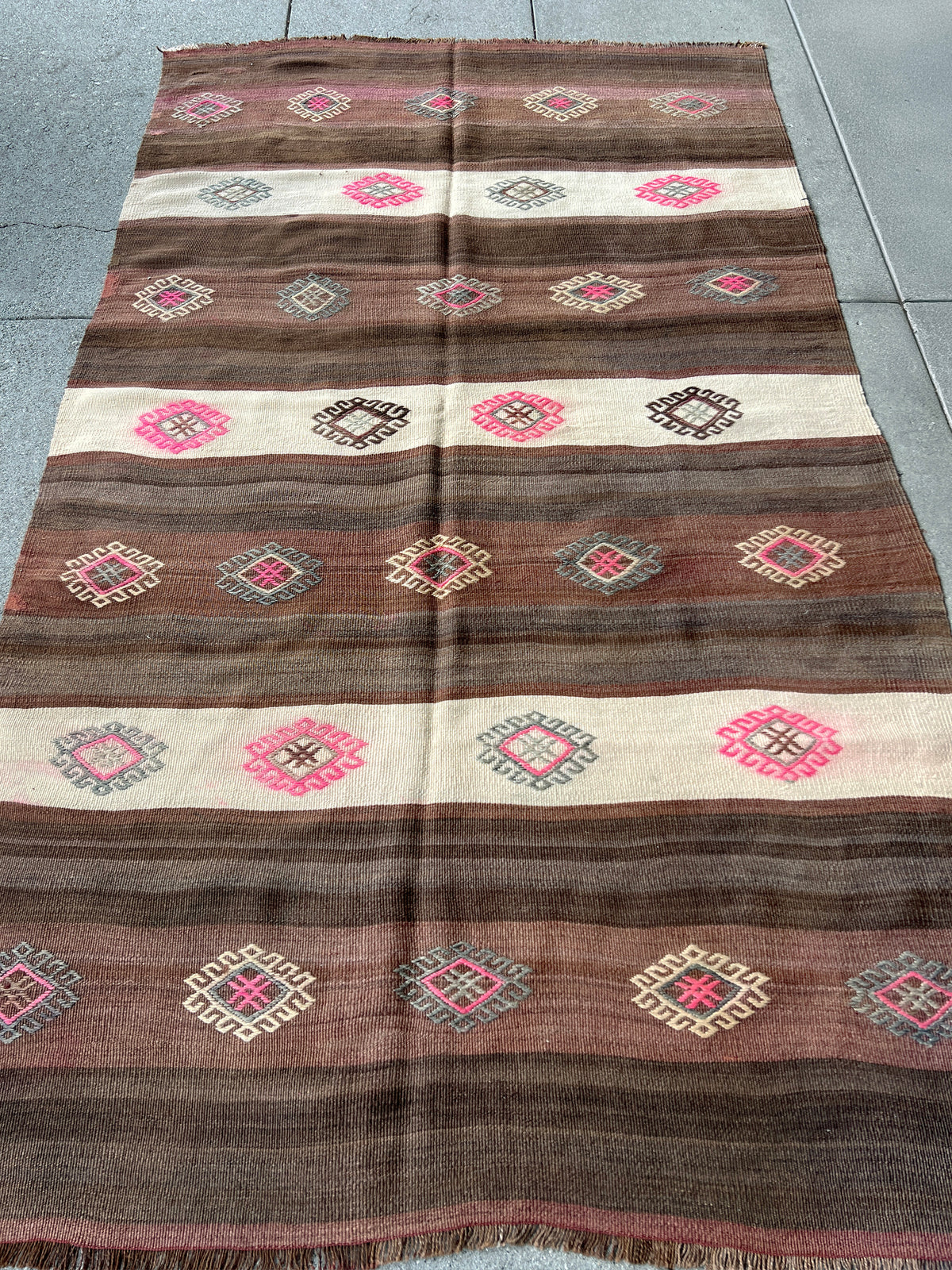 4x7 Brown cream handmade turkish kilim rug for living room bedroom kitchen entry. Flatweave wool carpet with stripes from best kilim rug shop san francisco bay area. Free shipping.