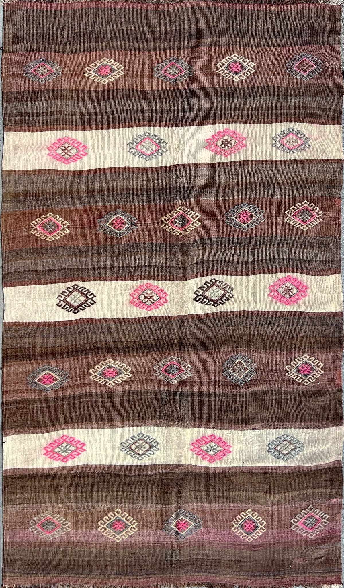 4x7 Brown cream handmade turkish kilim rug for living room bedroom kitchen entry. Flatweave wool carpet with stripes from best kilim rug shop san francisco bay area. Free shipping.