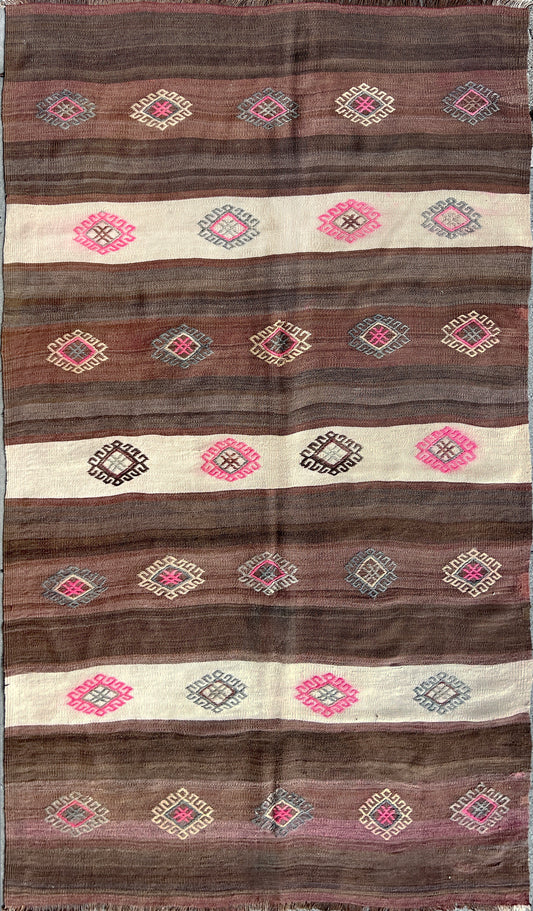 4x7 Brown cream handmade turkish kilim rug for living room bedroom kitchen entry. Flatweave wool carpet with stripes from best kilim rug shop san francisco bay area. Free shipping.