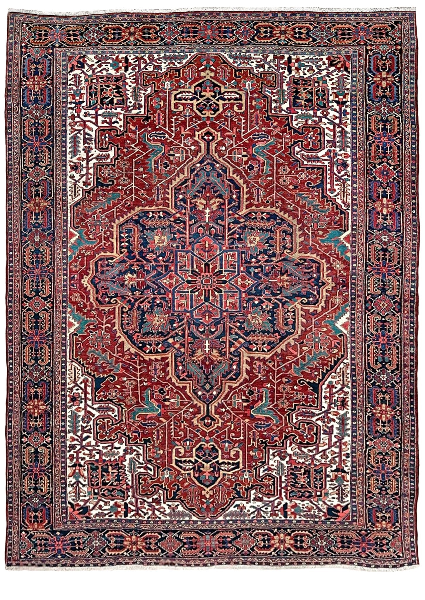 10x14 oversize handmade Persian Heriz vintage rug madder red and navy — shown in living room at Indigo Rugs, Burlingame — San Francisco Bay Area with free shipping