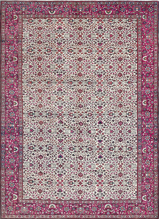 9x12 Vintage 1960s Manchester Turkish rug with intricate floral motifs in ivory, navy blue, olive green, and peach tones, made from luxurious Manchester wool. A rare collector's piece with free shipping, available from the best rug shop in the San Francisco Bay Area, perfect for adding timeless elegance and charm to any space.