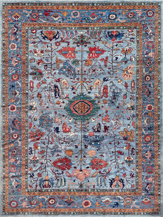 9x12 handmade luxury floral rug with dusty blue background and rich cobalt border, exclusive to the best rug shop in San Mateo, SF Bay Area – perfect for bedroom, living room, or dining room décor, with free shipping included.