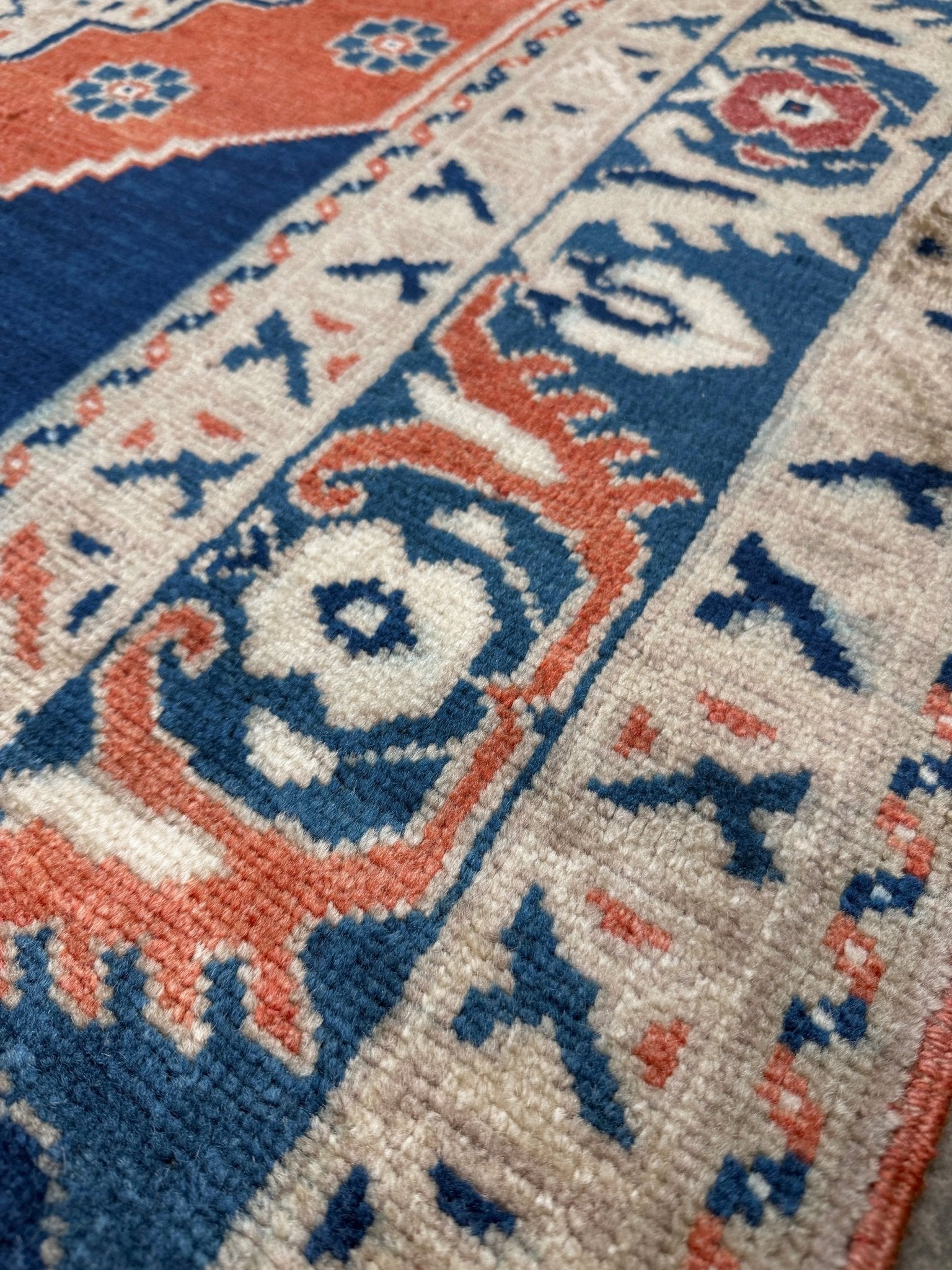 Vintage turkish taspinar rug 6x8 indigo blue, salmon red  hand knotted anatolian wool rug pastel san francisco bay area rug shop indigo rugs