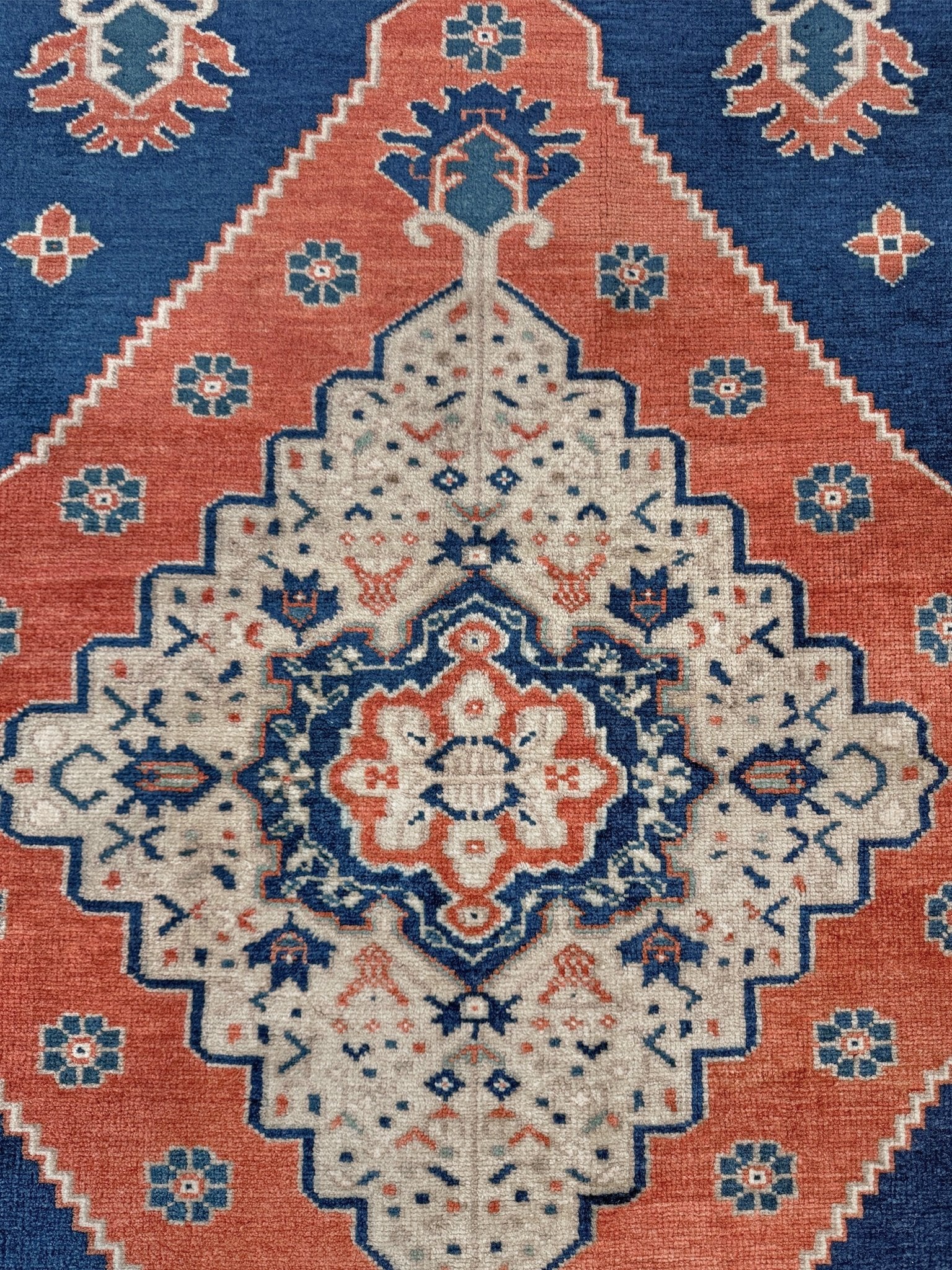 Vintage turkish taspinar rug 6x8 indigo blue, salmon red  hand knotted anatolian wool rug pastel san francisco bay area rug shop indigo rugs
