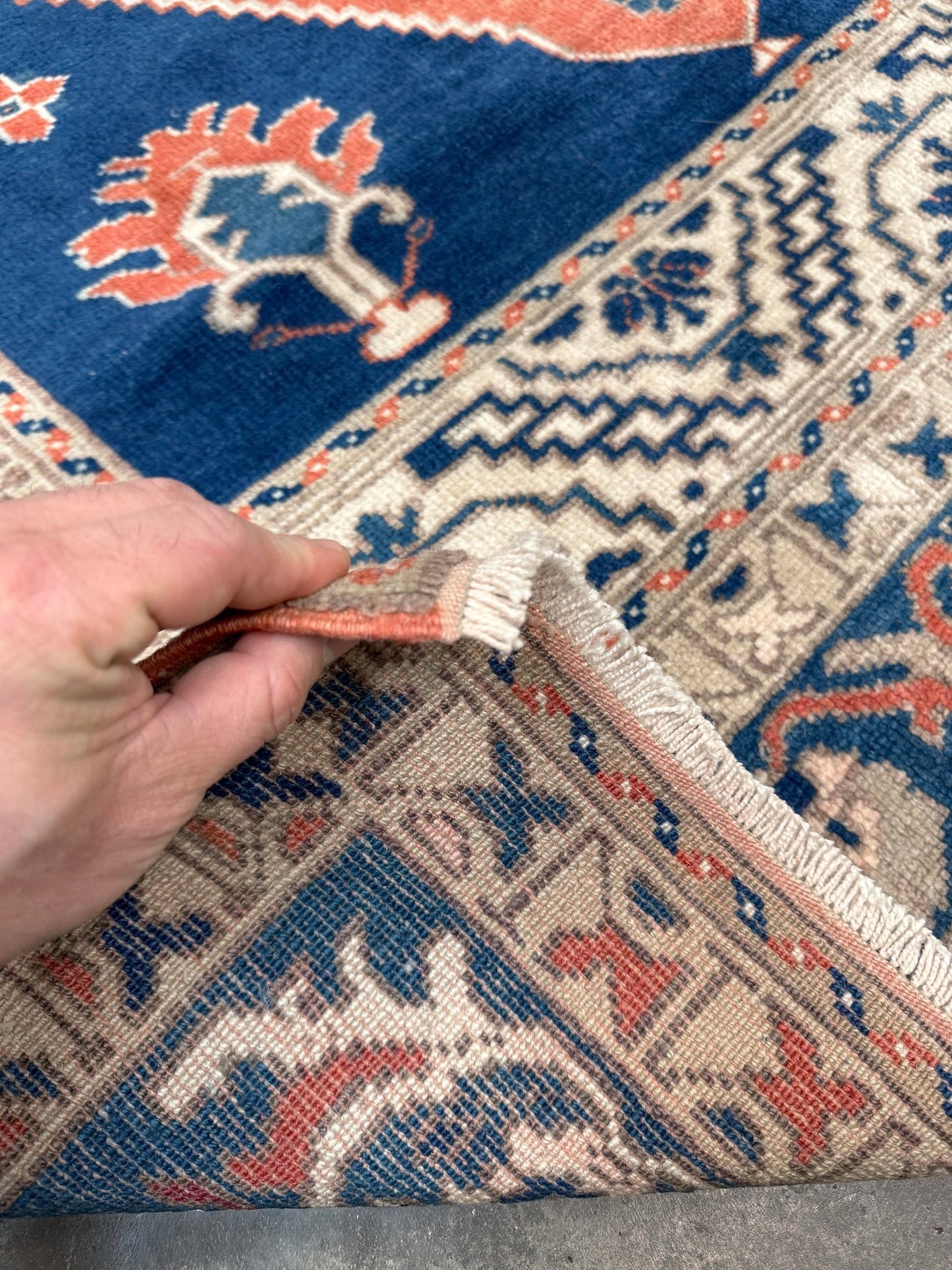 Vintage turkish taspinar rug 6x8 indigo blue, salmon red  hand knotted anatolian wool rug pastel san francisco bay area rug shop indigo rugs