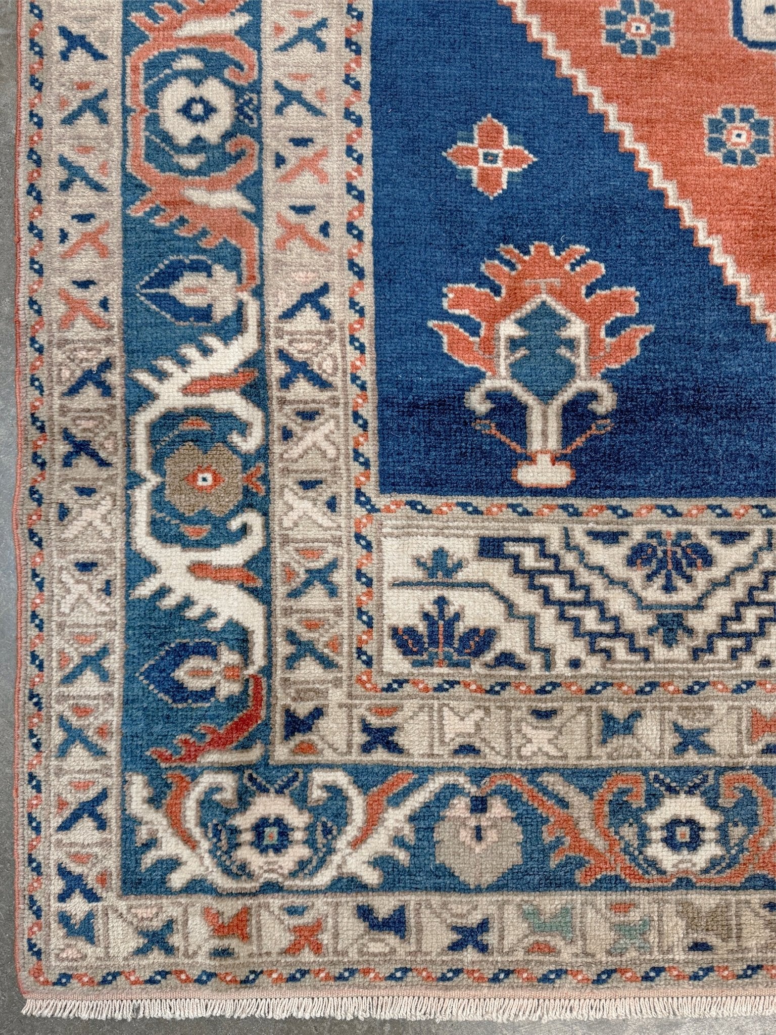 Vintage turkish taspinar rug 6x8 indigo blue, salmon red  handmade anatolian wool rug pastel san francisco bay area rug shop indigo rugs