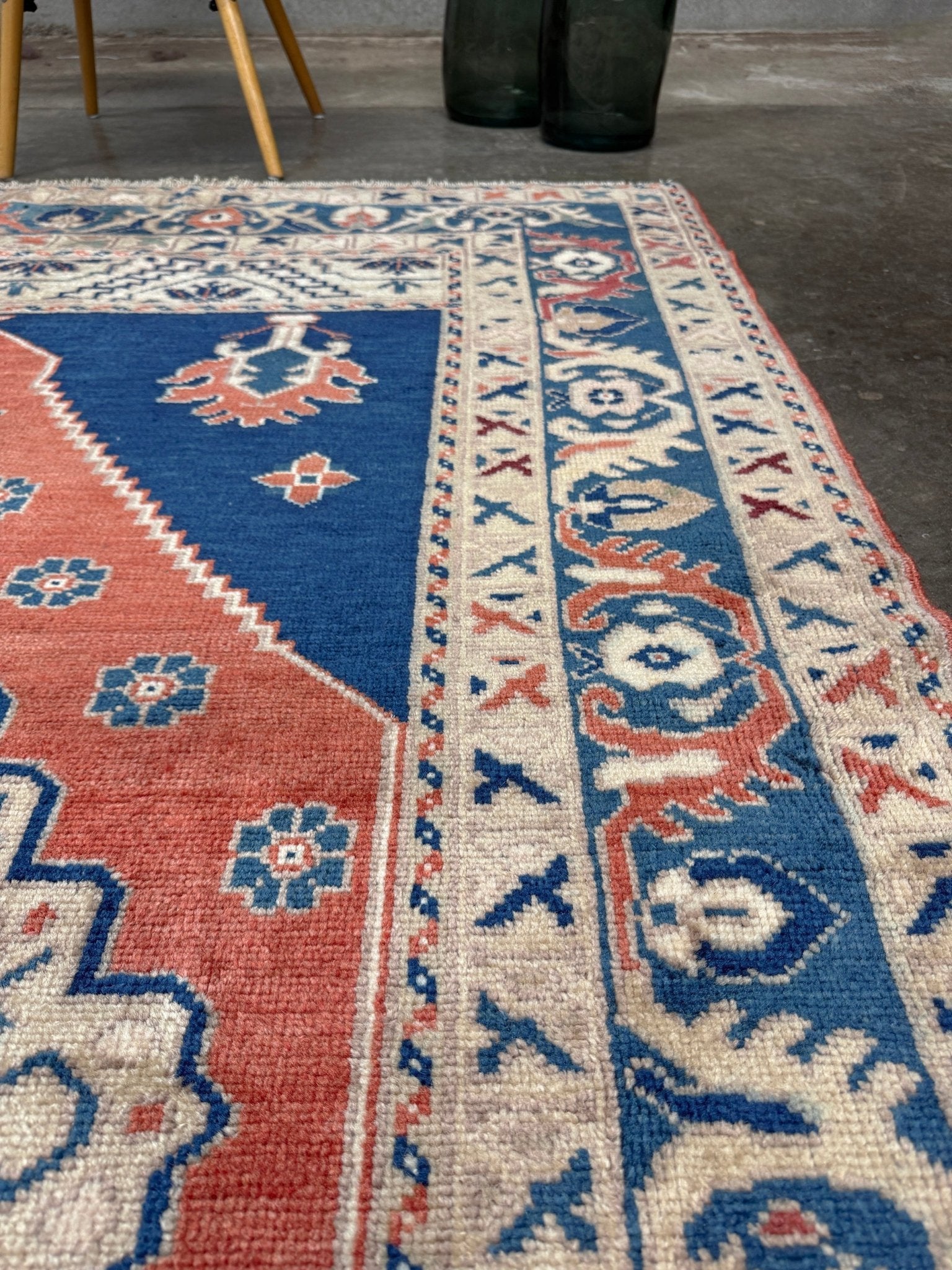 Vintage turkish taspinar rug 6x8 indigo blue, salmon red  hand knotted anatolian wool rug pastel san francisco bay area rug shop indigo rugs