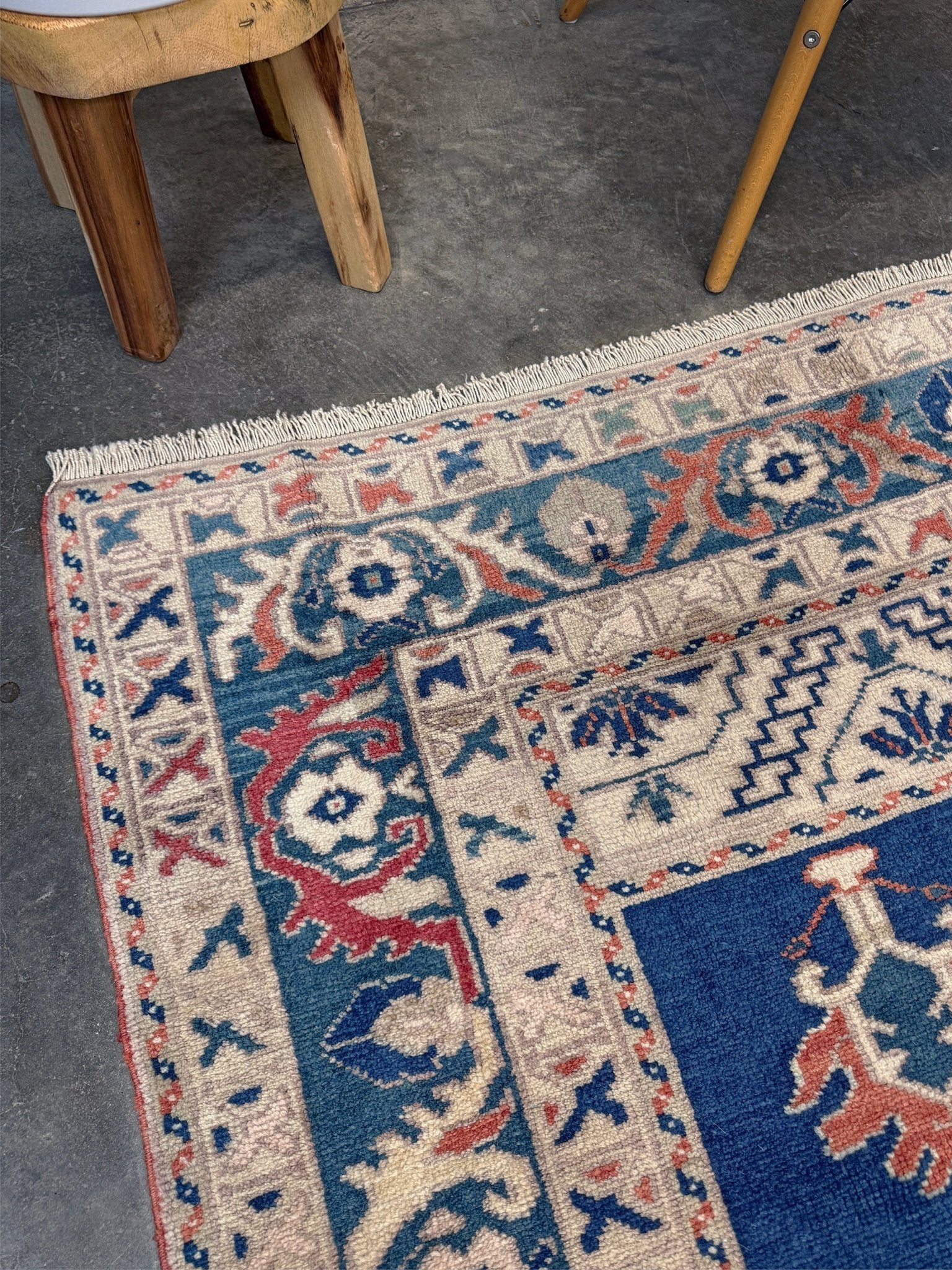 Vintage turkish taspinar rug 6x8 indigo blue, salmon red  hand knotted anatolian wool rug pastel san francisco bay area rug shop indigo rugs