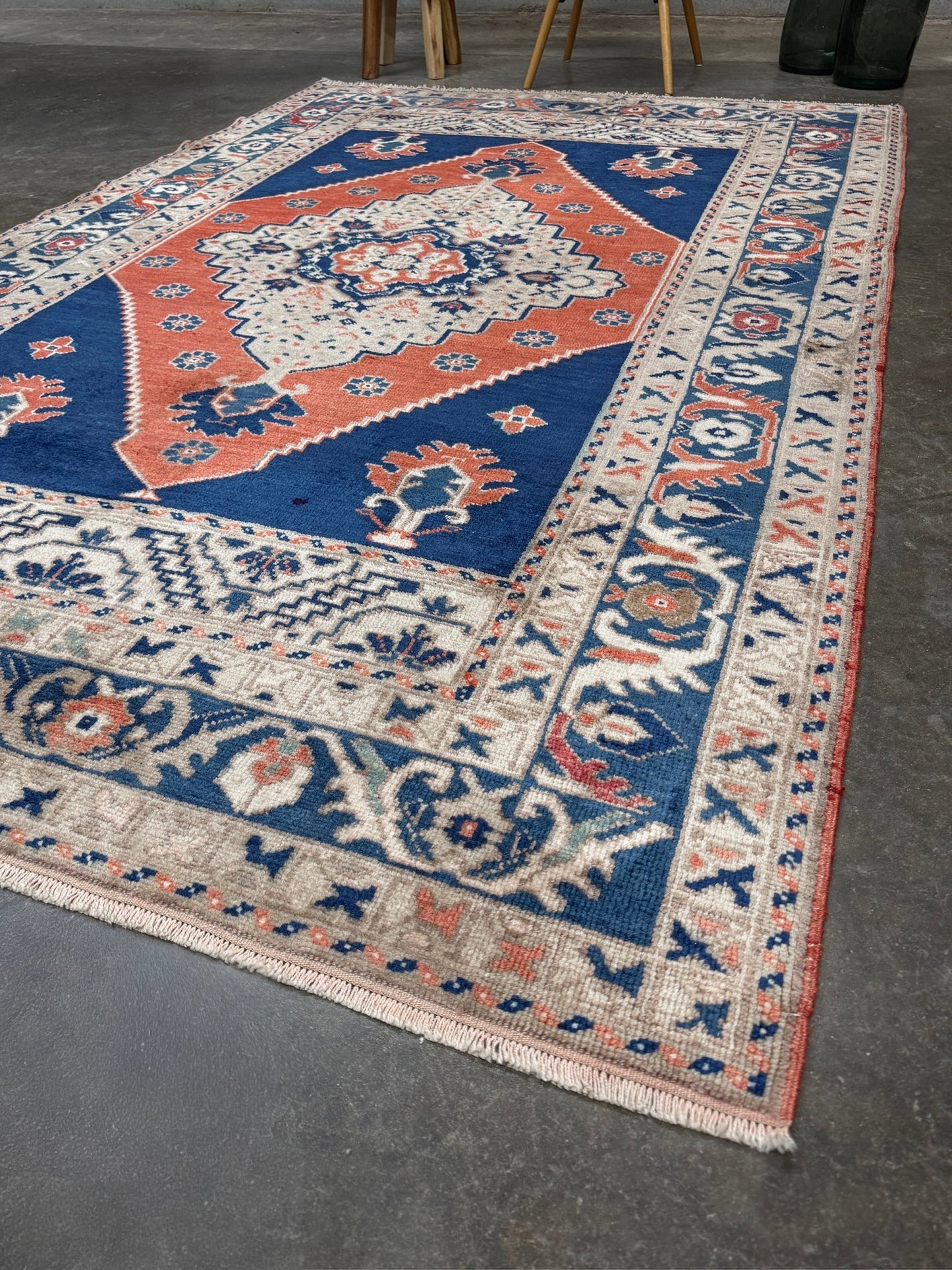 Vintage turkish taspinar rug 6x8 indigo blue, salmon red  hand knotted anatolian wool rug pastel san francisco bay area rug shop indigo rugs