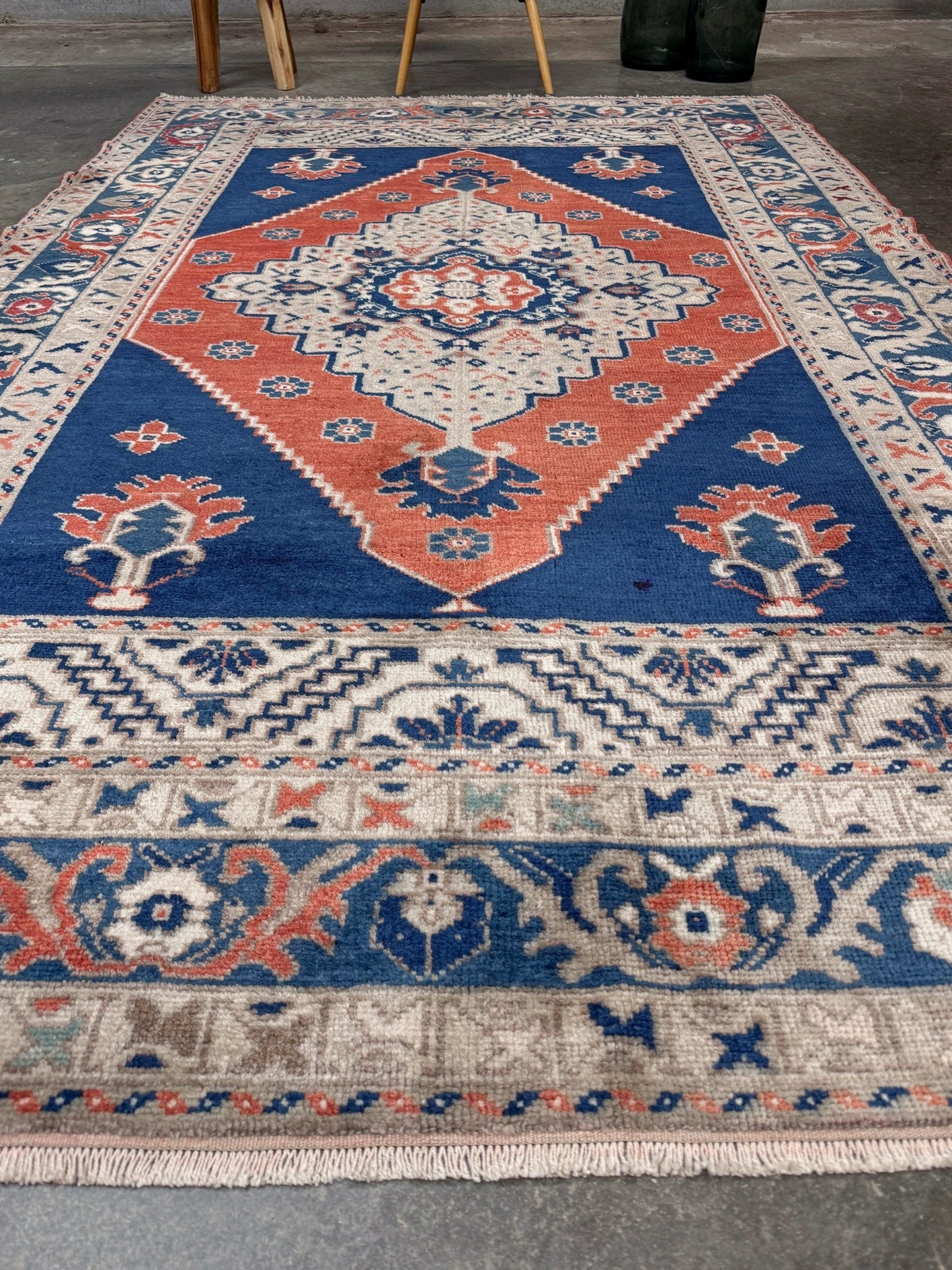 Vintage turkish taspinar rug 6x8 indigo blue, salmon red  hand knotted anatolian wool rug pastel san francisco bay area rug shop indigo rugs