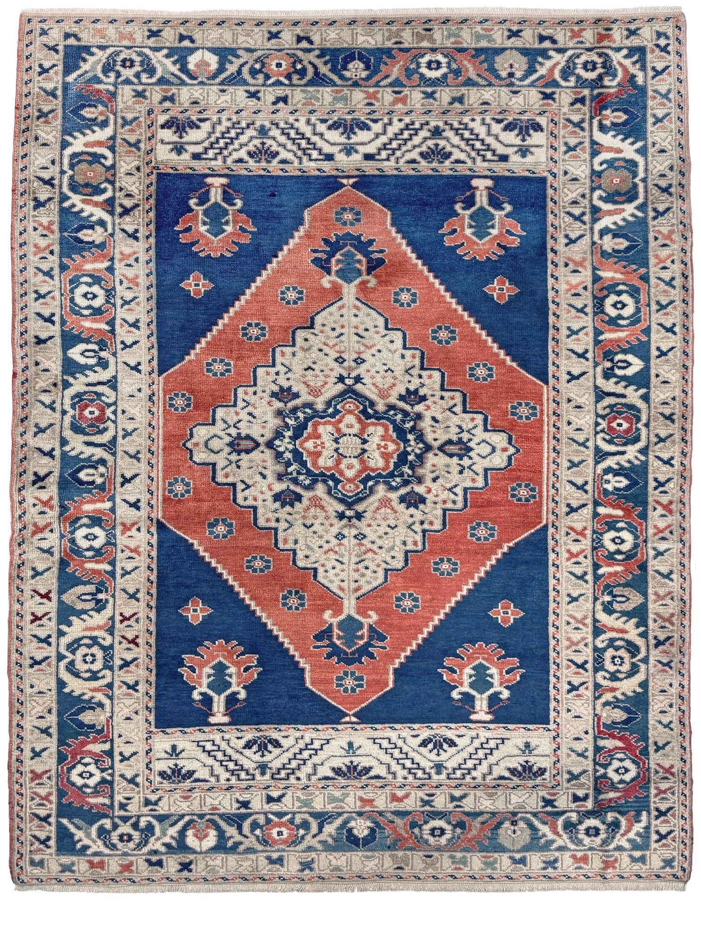 Vintage turkish taspinar rug 6x8 indigo blue, salmon red  hand knotted anatolian wool rug pastel san francisco bay area rug shop indigo rugs