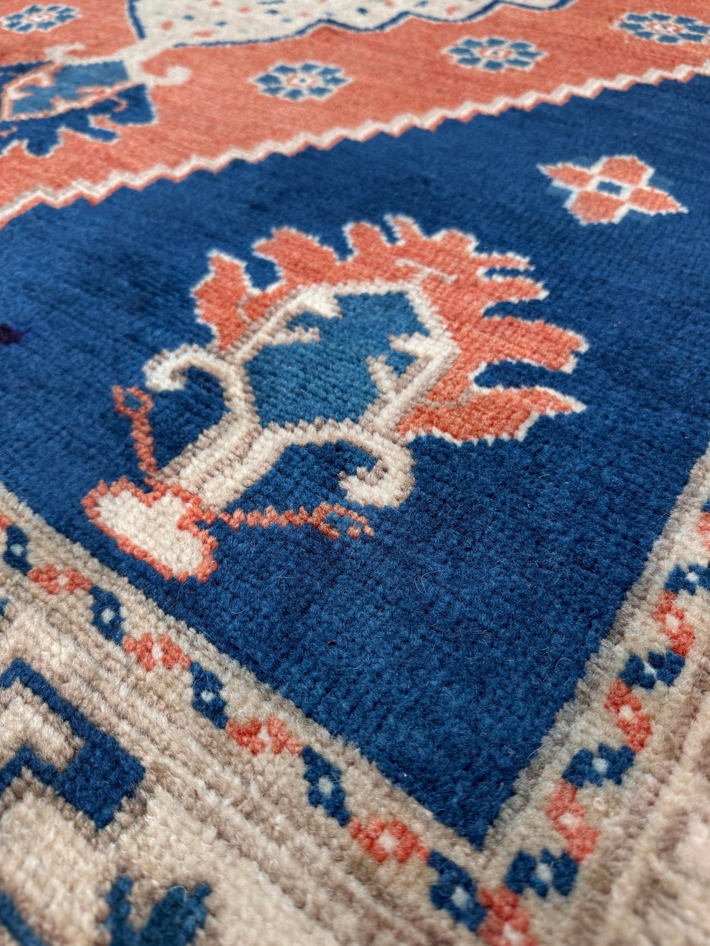 Vintage turkish taspinar rug 6x8 indigo blue, salmon red  hand knotted anatolian wool rug pastel san francisco bay area rug shop indigo rugs