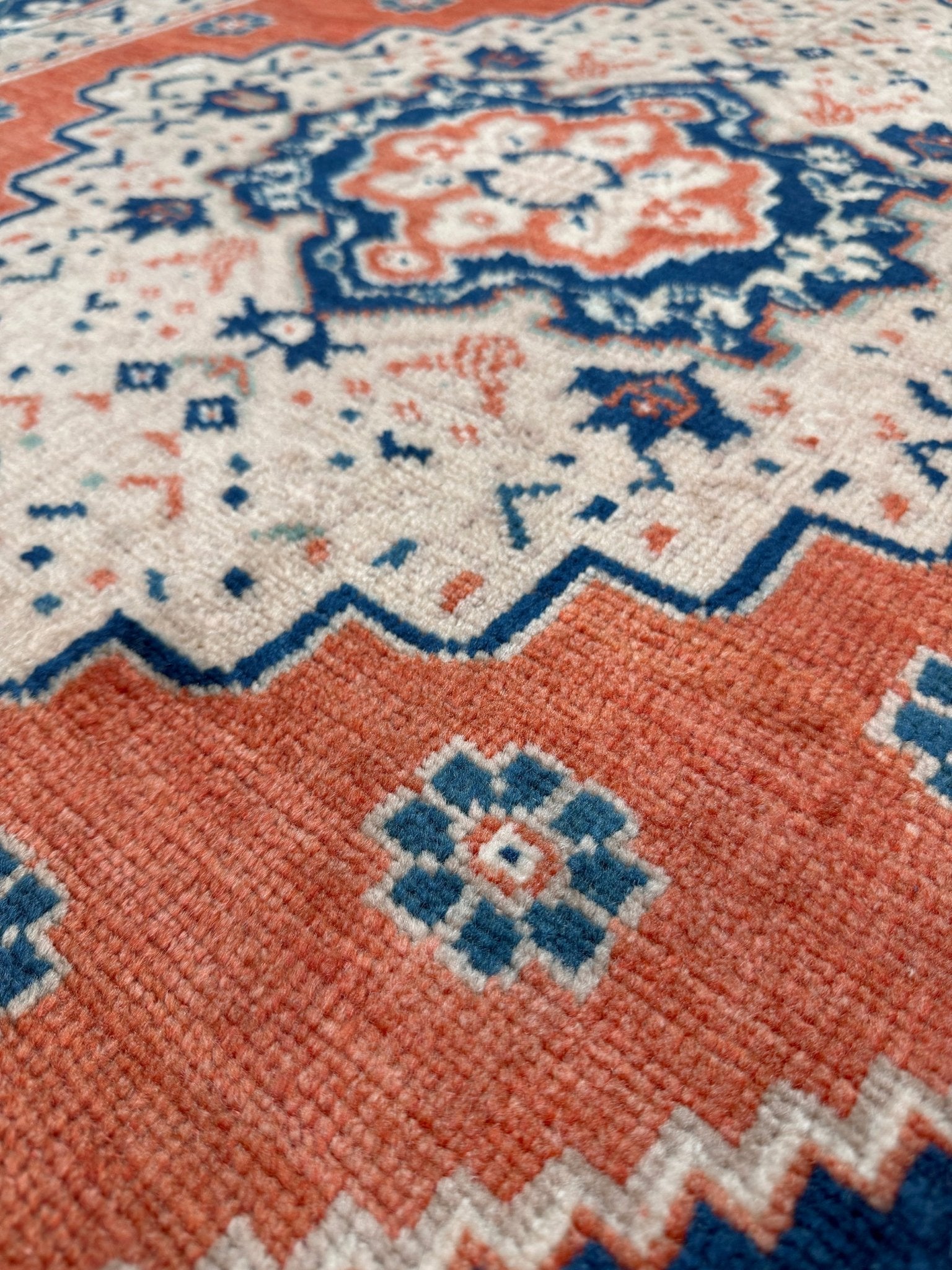 Vintage turkish taspinar rug 6x8 indigo blue, salmon red  hand knotted anatolian wool rug pastel san francisco bay area rug shop indigo rugs