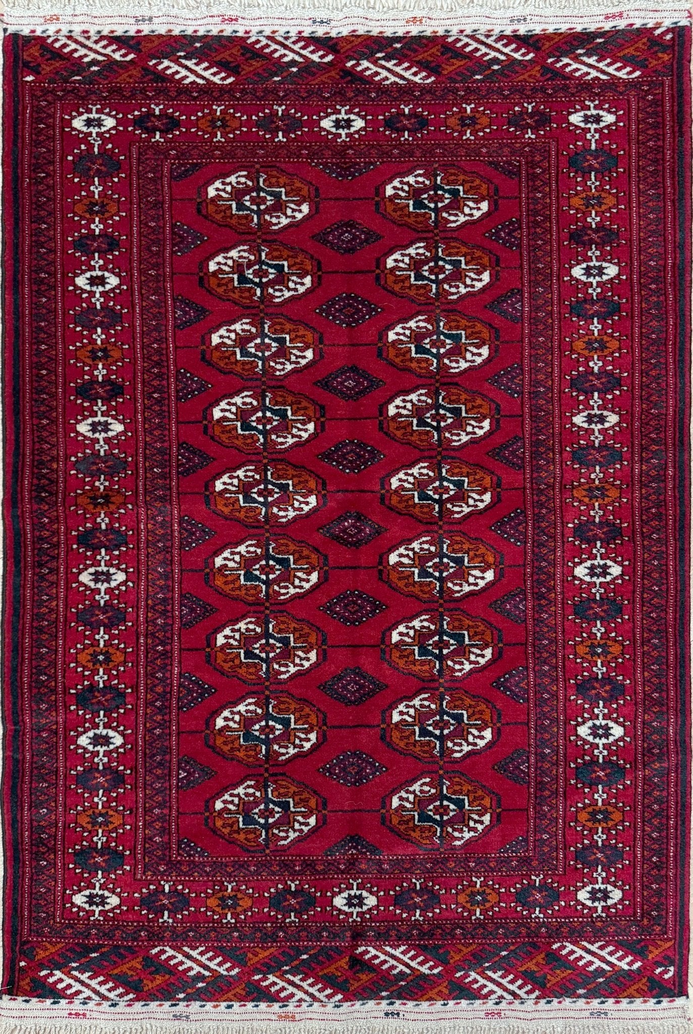 3x5 red small bukhara rug from Turkmenistan. All wool and handmade for your entry kitchen study entry bedroom. From the best rug shop in San francisco bay area Ca. Free shipping.