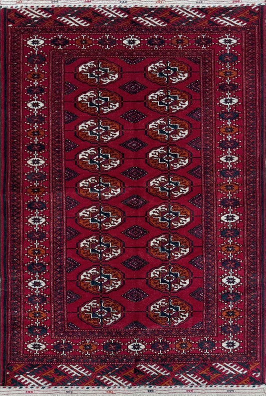 Crimson Red Bukhara Turkmen Mini Rug• Handmade Wool Carpet • 3x5 Small Scatter / Accent Rug for Entry, Bathroom, Bedroom, Kitchen, Study. From the best rug shop San Francisco Bay Area Burlingame Ca. Free Shipping