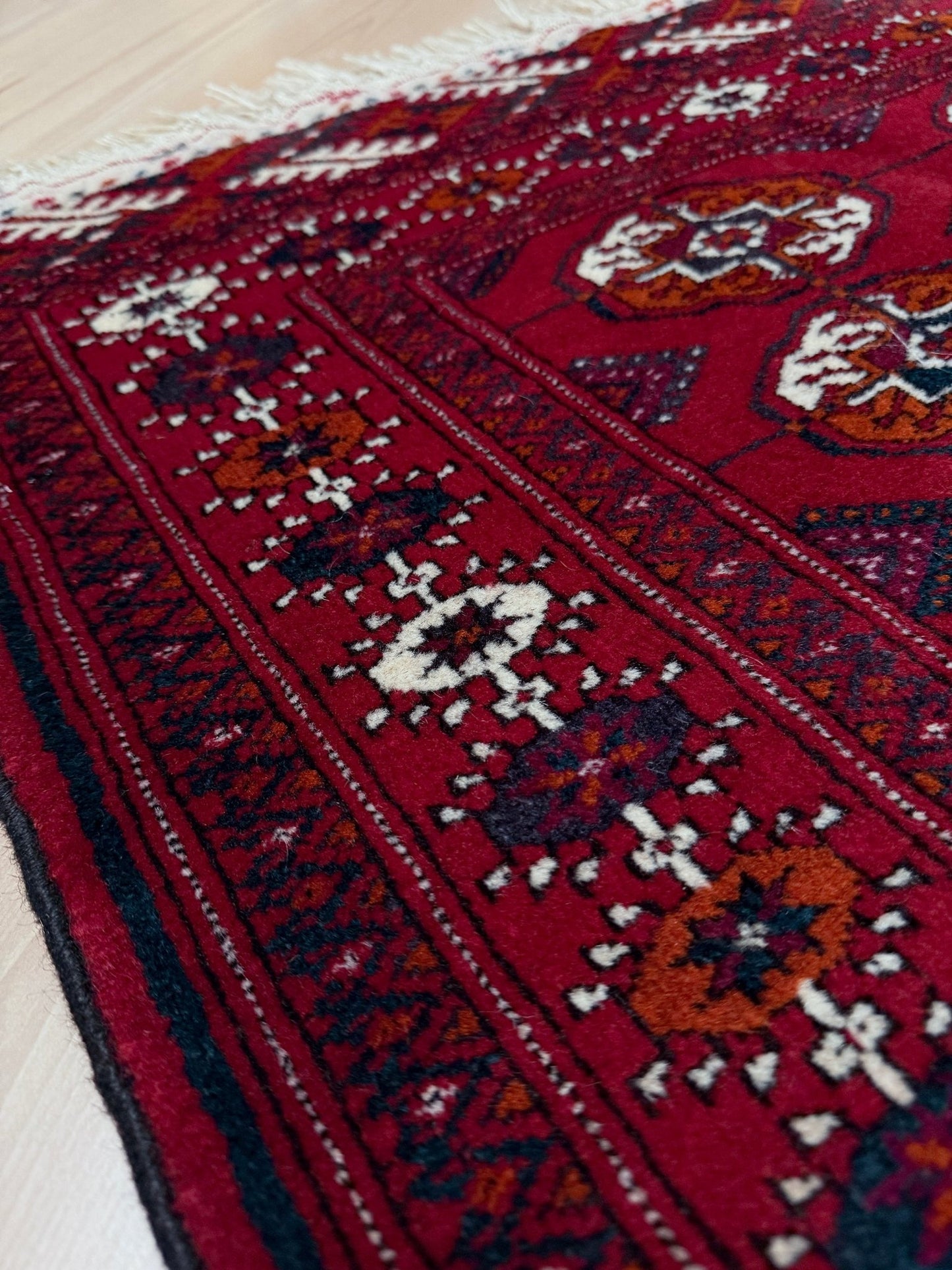 3x5 red small bukhara rug from Turkmenistan. All wool and handmade for your entry kitchen study entry bedroom. From the best rug shop in San francisco bay area Ca. Free shipping.