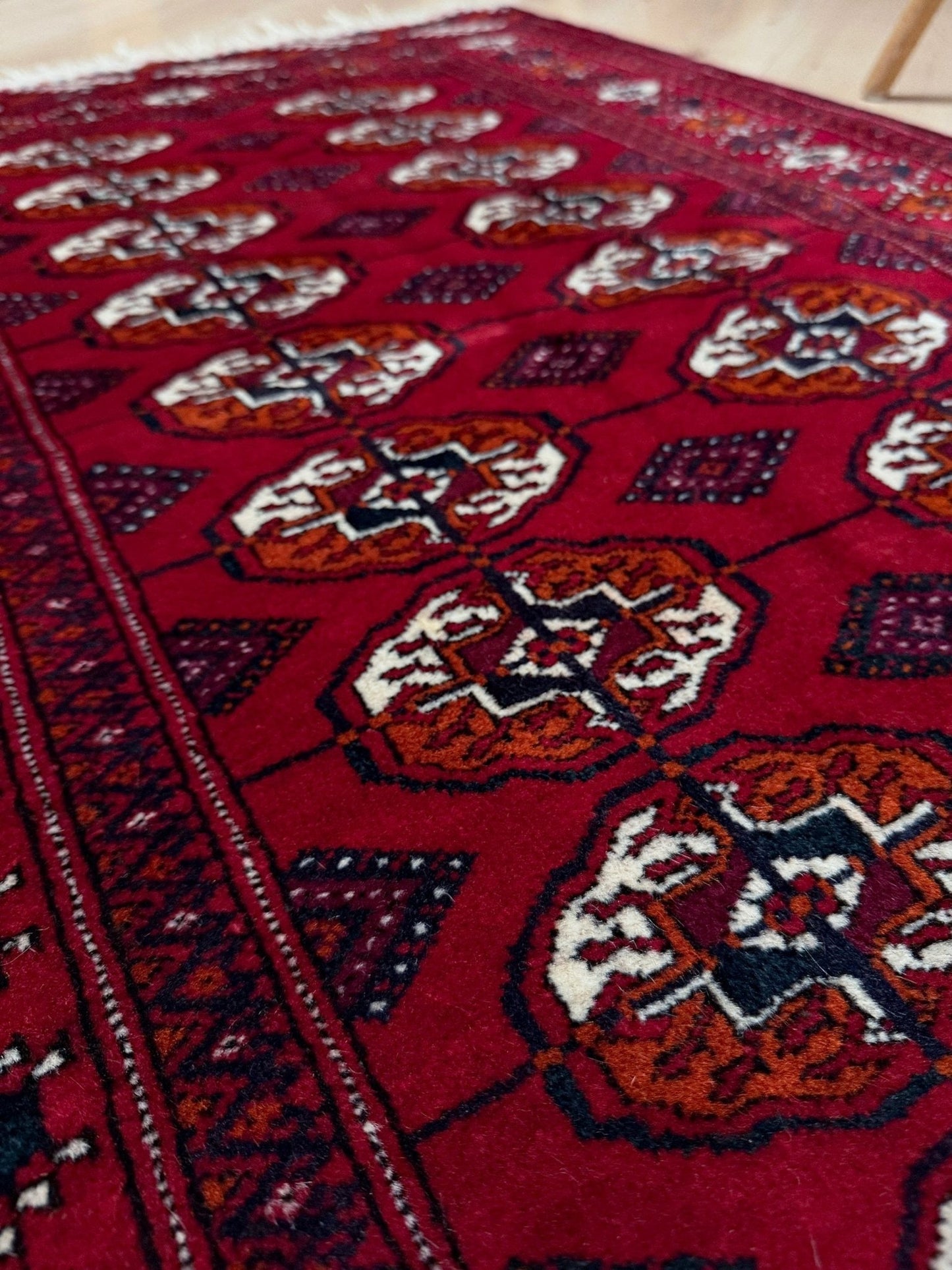 3x5 red small bukhara rug from Turkmenistan. All wool and handmade for your entry kitchen study entry bedroom. From the best rug shop in San francisco bay area Ca. Free shipping.