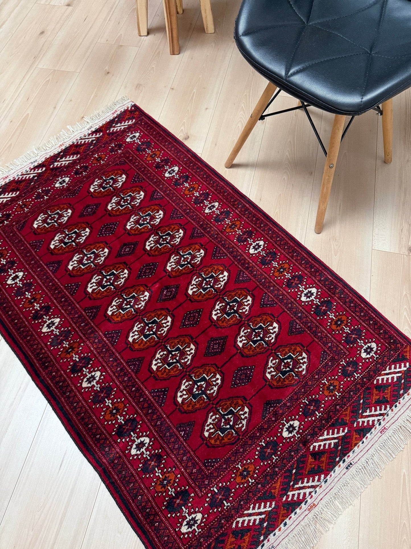 3x5 red small bukhara rug from Turkmenistan. All wool and handmade for your entry kitchen study entry bedroom. From the best rug shop in San francisco bay area Ca. Free shipping.