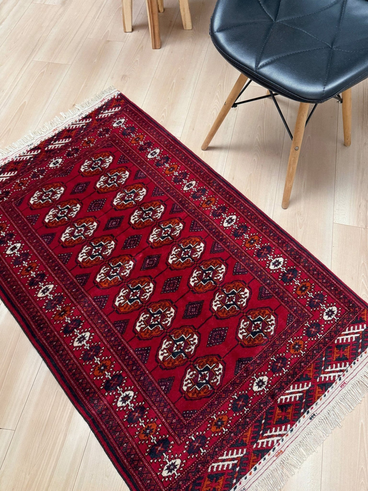 Crimson Red Bukhara Turkmen 3x5 Mini Handmade Rug Wool Carpet for Entry, Bathroom, Bedroom, Kitchen, Study. Best rug shop San Francisco Bay Area Burlingame CA