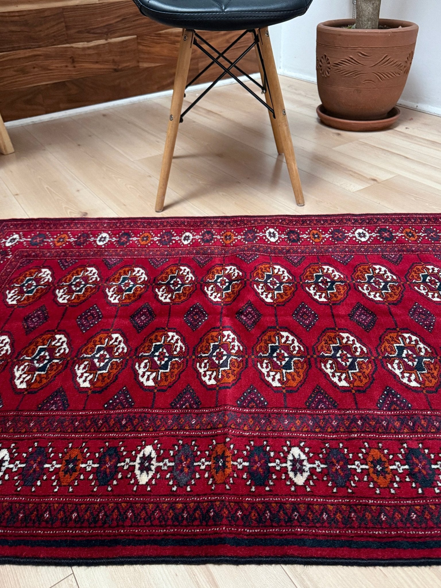 3x5 red small bukhara rug from Turkmenistan. All wool and handmade for your entry kitchen study entry bedroom. From the best rug shop in San francisco bay area Ca. Free shipping.