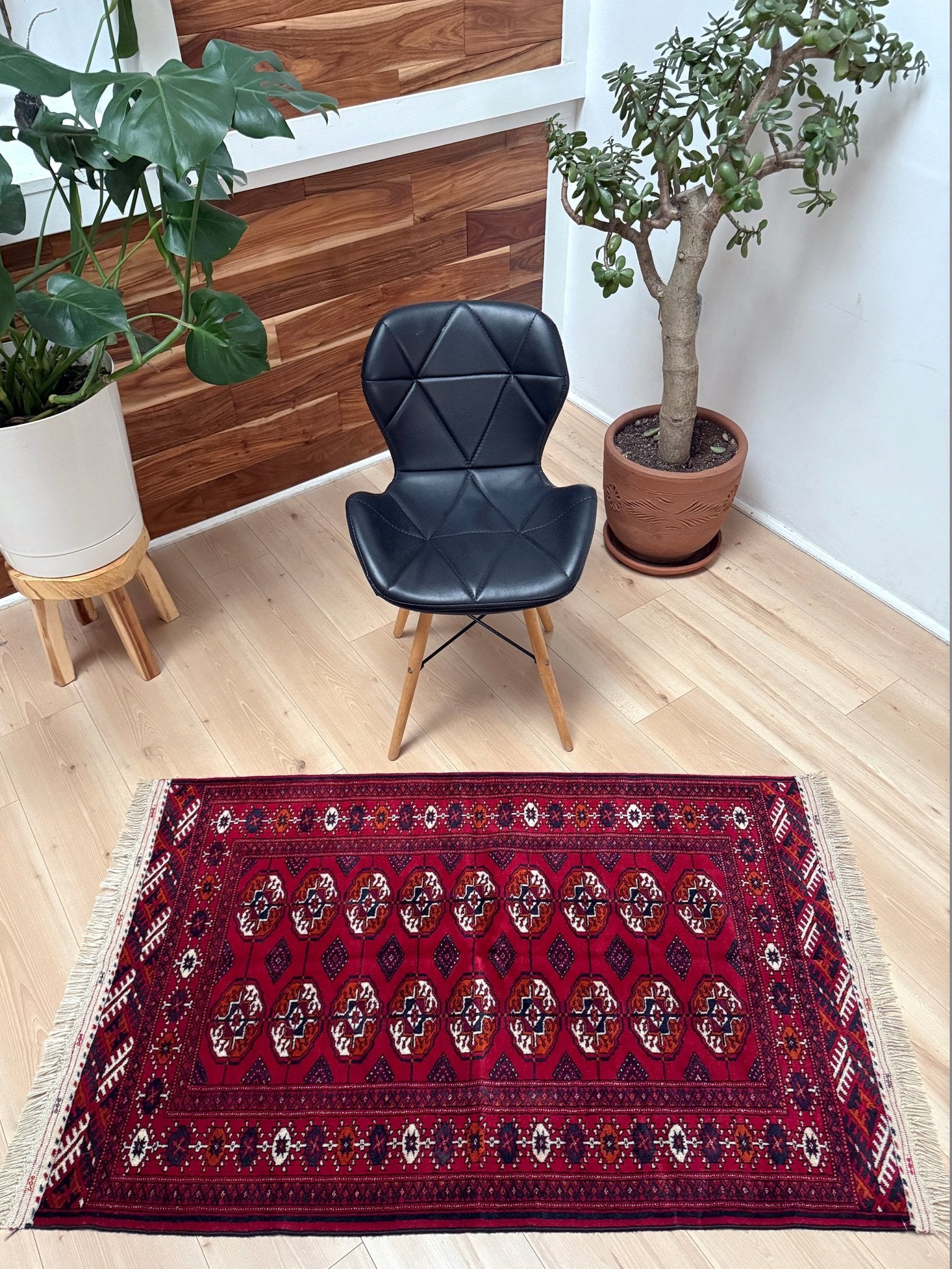 3x5 red small bukhara rug from Turkmenistan. All wool and handmade for your entry kitchen study entry bedroom. From the best rug shop in San francisco bay area Ca. Free shipping.