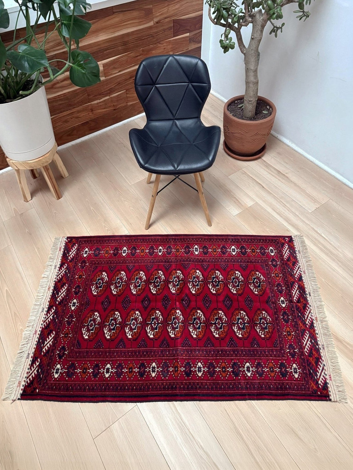 Crimson Red Bukhara Turkmen 3x5 Mini Handmade Rug Wool Carpet for Entry, Bathroom, Bedroom, Kitchen, Study. Best rug shop San Francisco Bay Area Burlingame CA