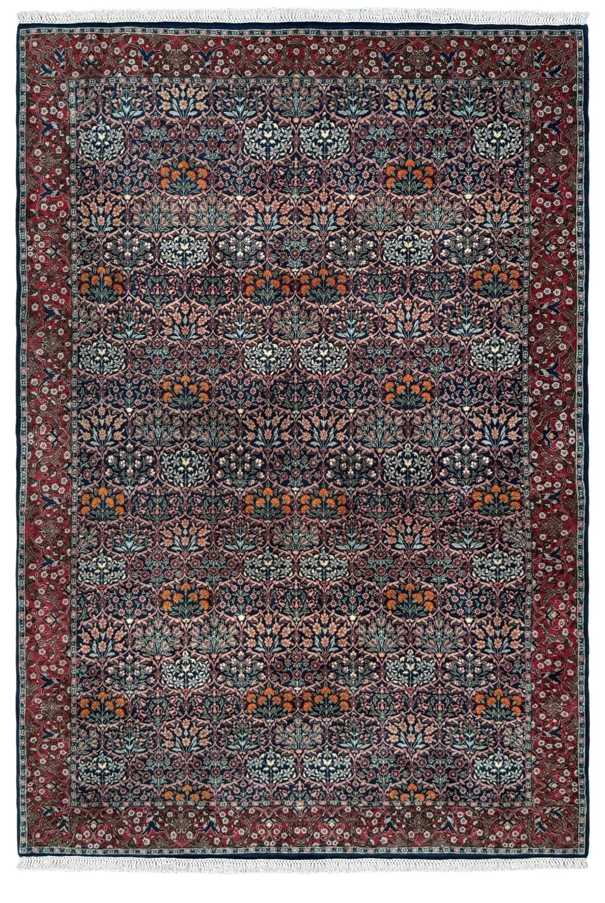 Vintage 7x9 Watermelon Hereke Turkish floral rug with midnight blue field, maroon border. Perfect for living rooms, dining spaces, or bedrooms. From the best rug shop in Burlingame, San Francisco Bay Area, CA
