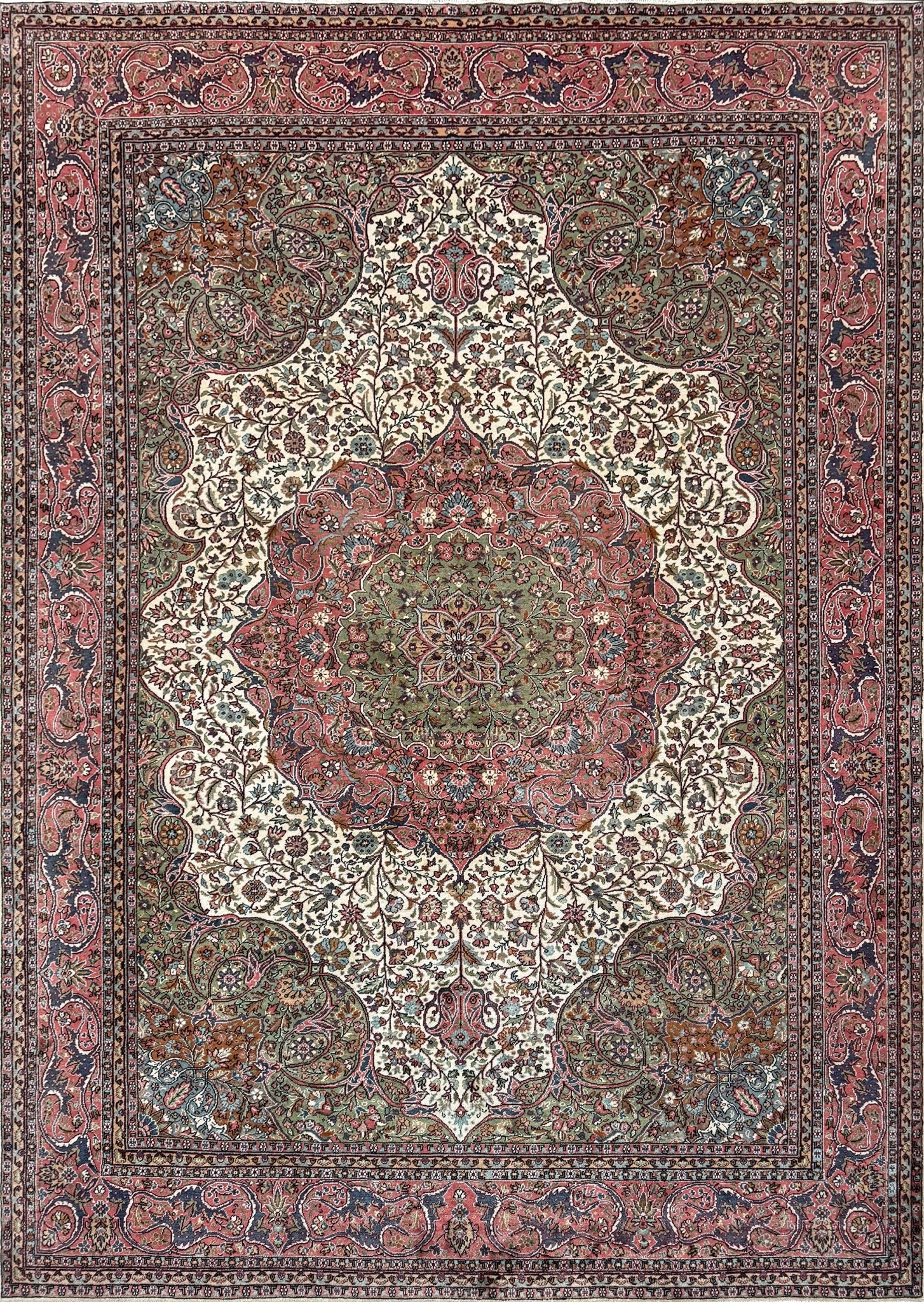 Pink and brown vintage Turkish rug. This luxurious 9x12 handmade wool carpet is available in Burlingame CA SF Bay Area with free shipping, perfect for adding a touch of elegance to any home decor.