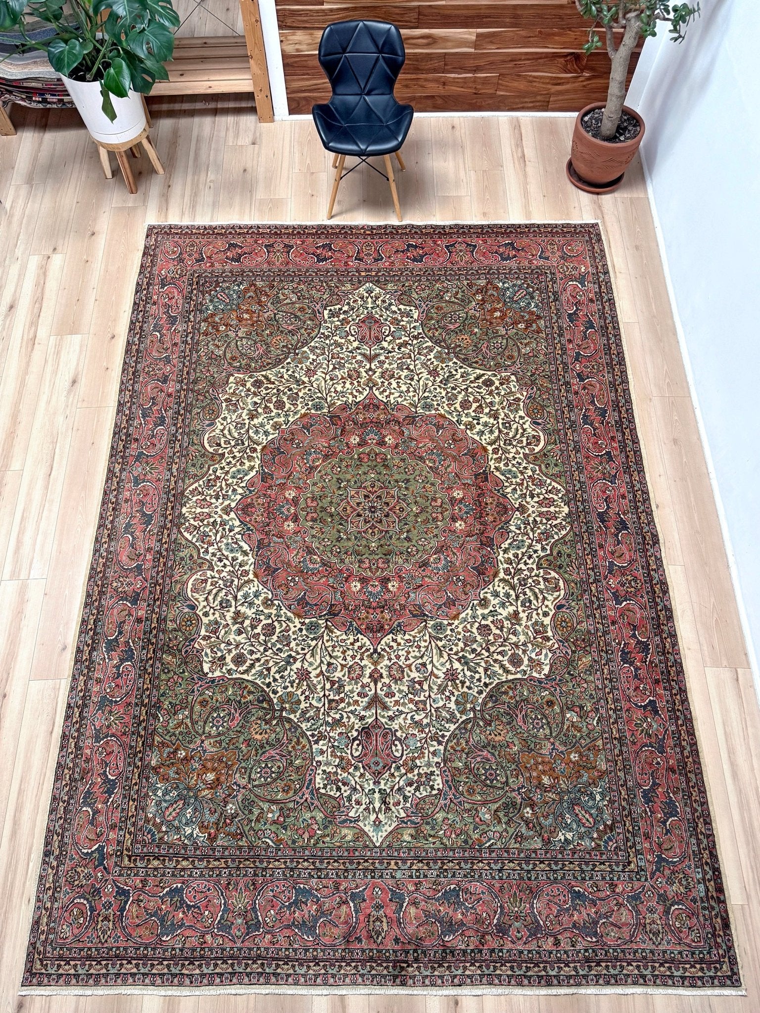 Pink and brown vintage Turkish rug. This luxurious 9x12 handmade wool carpet is available in Burlingame CA SF Bay Area with free shipping, perfect for adding a touch of elegance to any home decor.