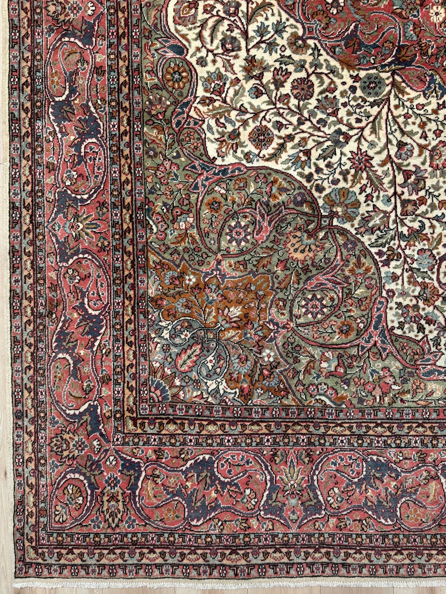 Pink and brown vintage Turkish rug. This luxurious 9x12 handmade wool carpet is available in Burlingame CA SF Bay Area with free shipping, perfect for adding a touch of elegance to any home decor.