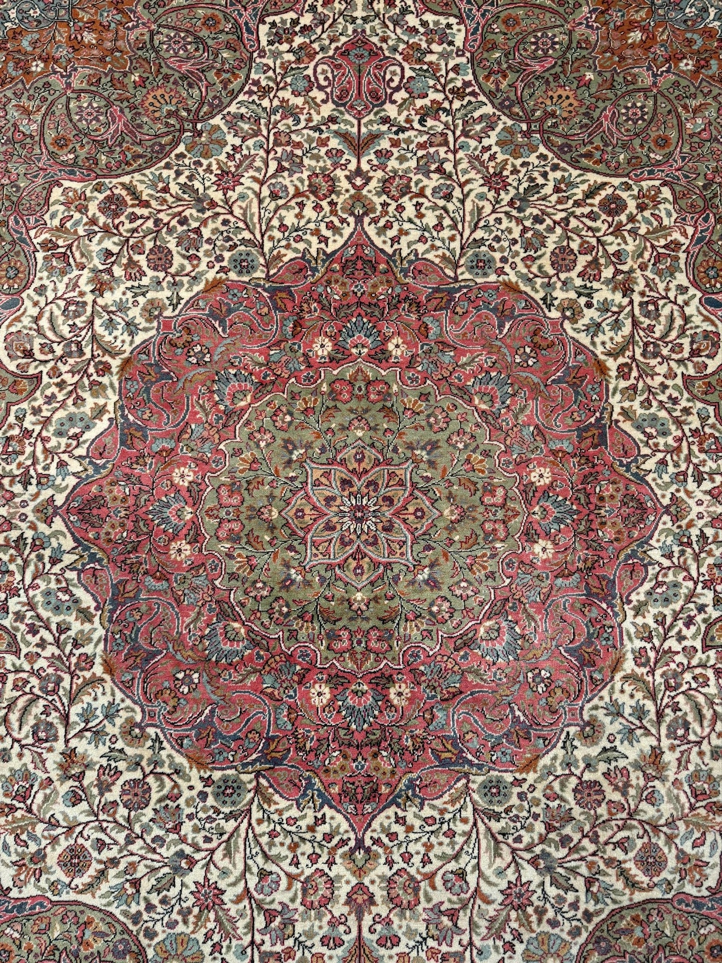 Pink and brown vintage Turkish rug. This luxurious 9x12 handmade wool carpet is available in Burlingame CA SF Bay Area with free shipping, perfect for adding a touch of elegance to any home decor.