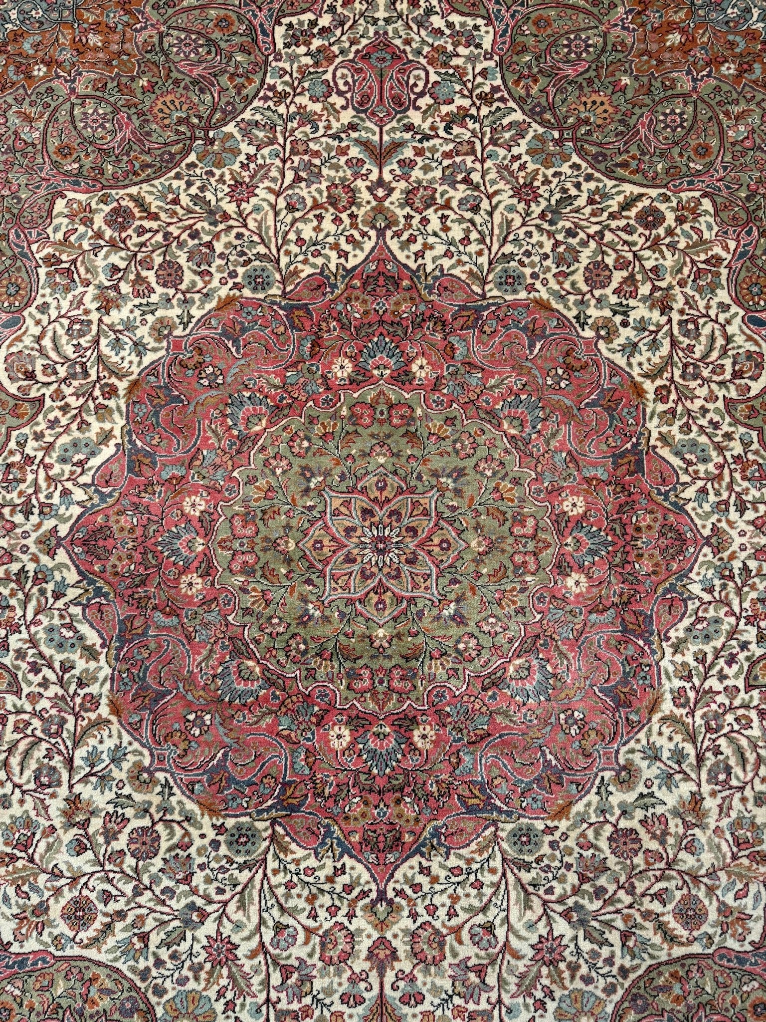 Pink and brown vintage Turkish rug. This luxurious 9x12 handmade wool carpet is available in Burlingame CA SF Bay Area with free shipping, perfect for adding a touch of elegance to any home decor.