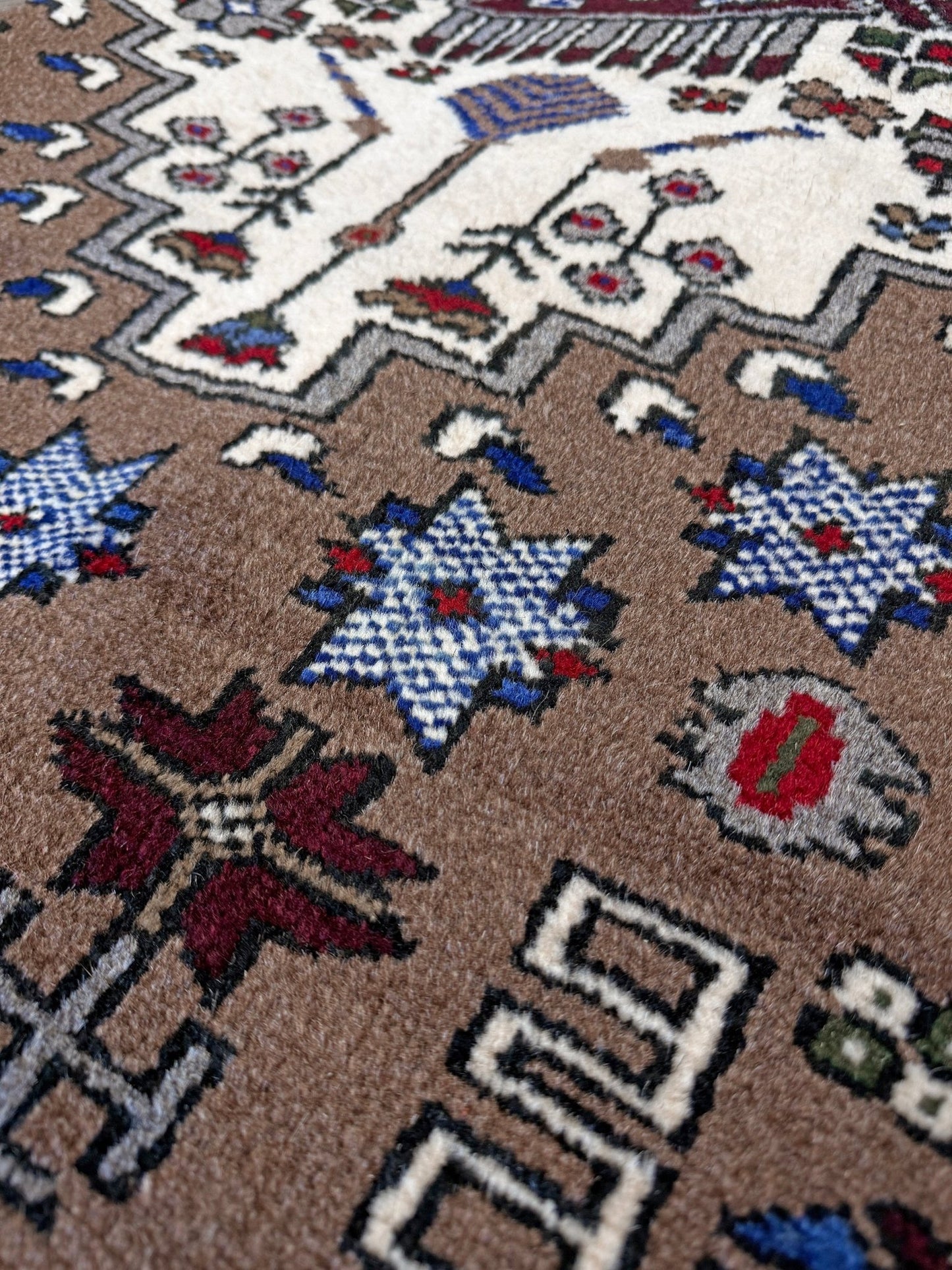 Neutral Konya Turkish handmade rug with chestnut brown and gray field, tribal medallion design, and geometric borders, 6x9 area rug