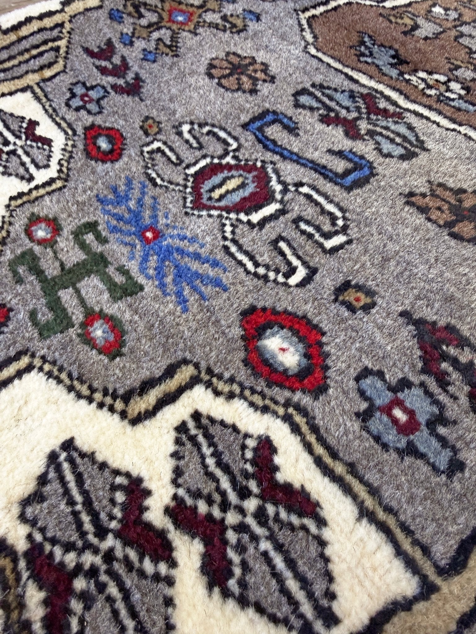 Neutral Konya Turkish handmade rug with chestnut brown and gray field, tribal medallion design, and geometric borders, 6x9 area rug