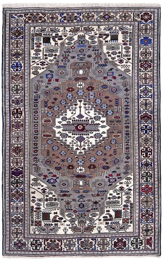 Neutral Konya Turkish handmade rug with chestnut brown and gray field, tribal medallion design, and geometric borders, 6x9 area rug