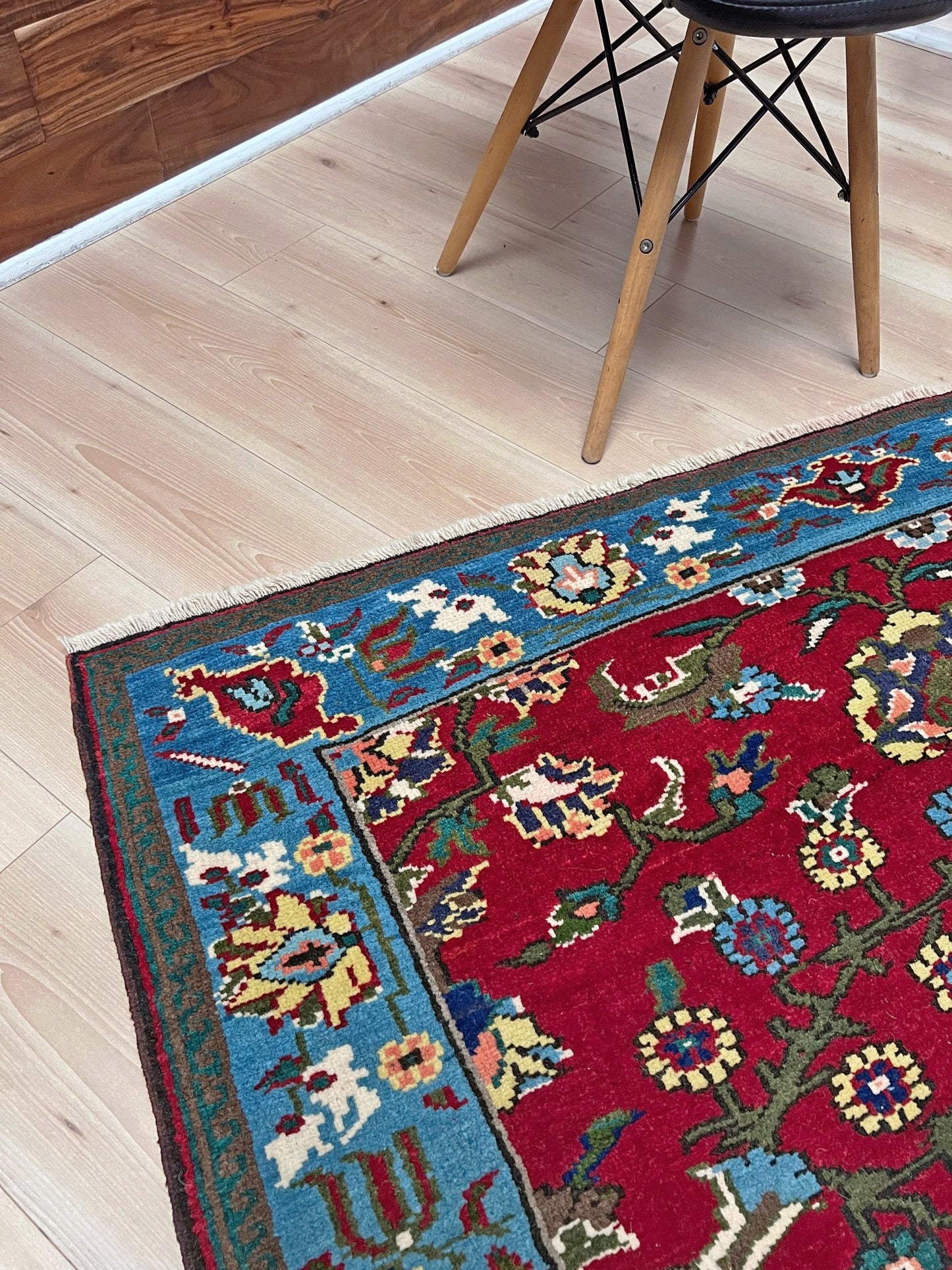 vintage turkish anatolian rug 4x6 cherry red sky blue border floral hand knotted wool carpet indigo rugs san francisco bay area