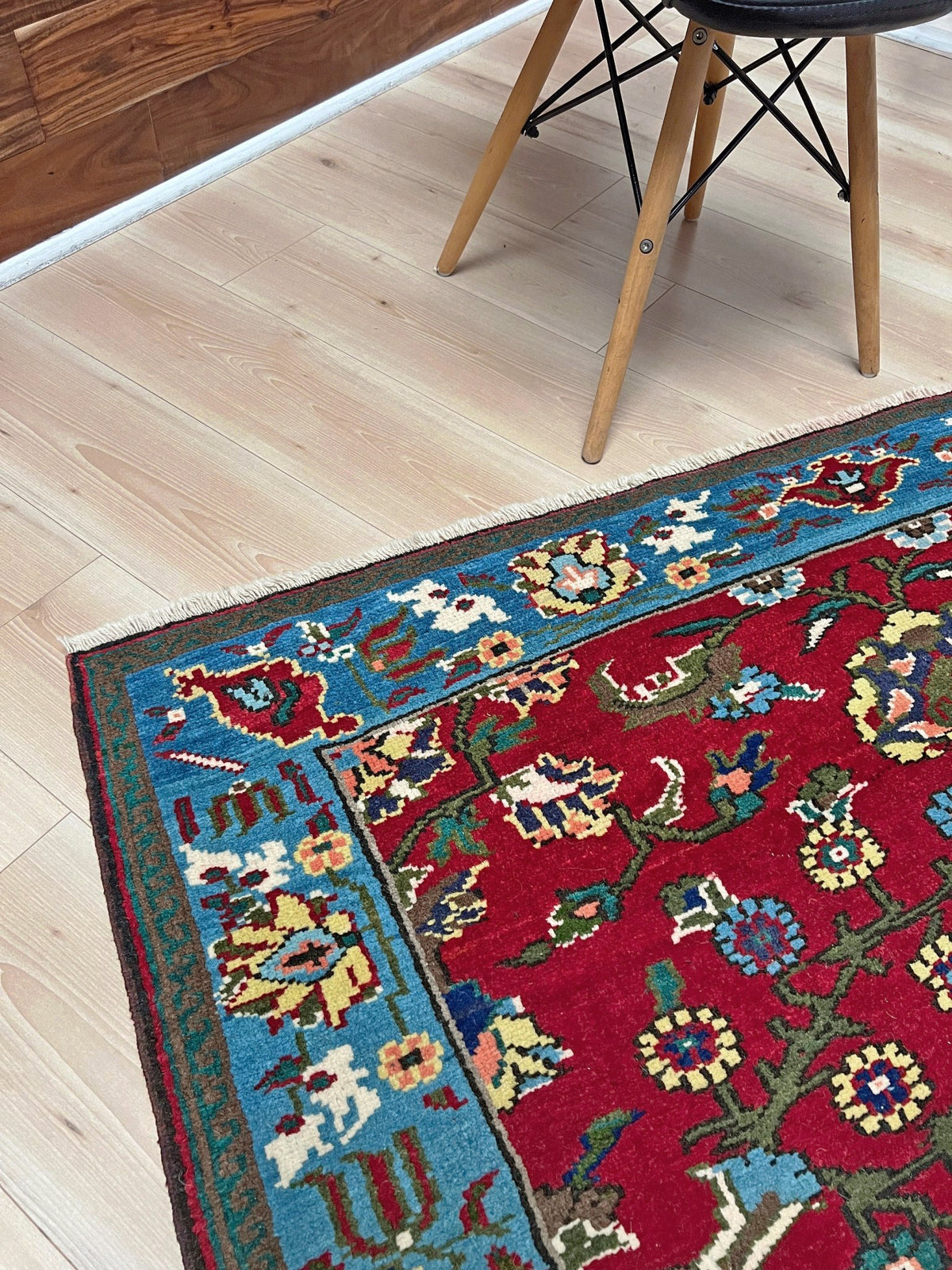 vintage turkish anatolian rug 4x6 cherry red sky blue border floral hand knotted wool carpet indigo rugs san francisco bay area