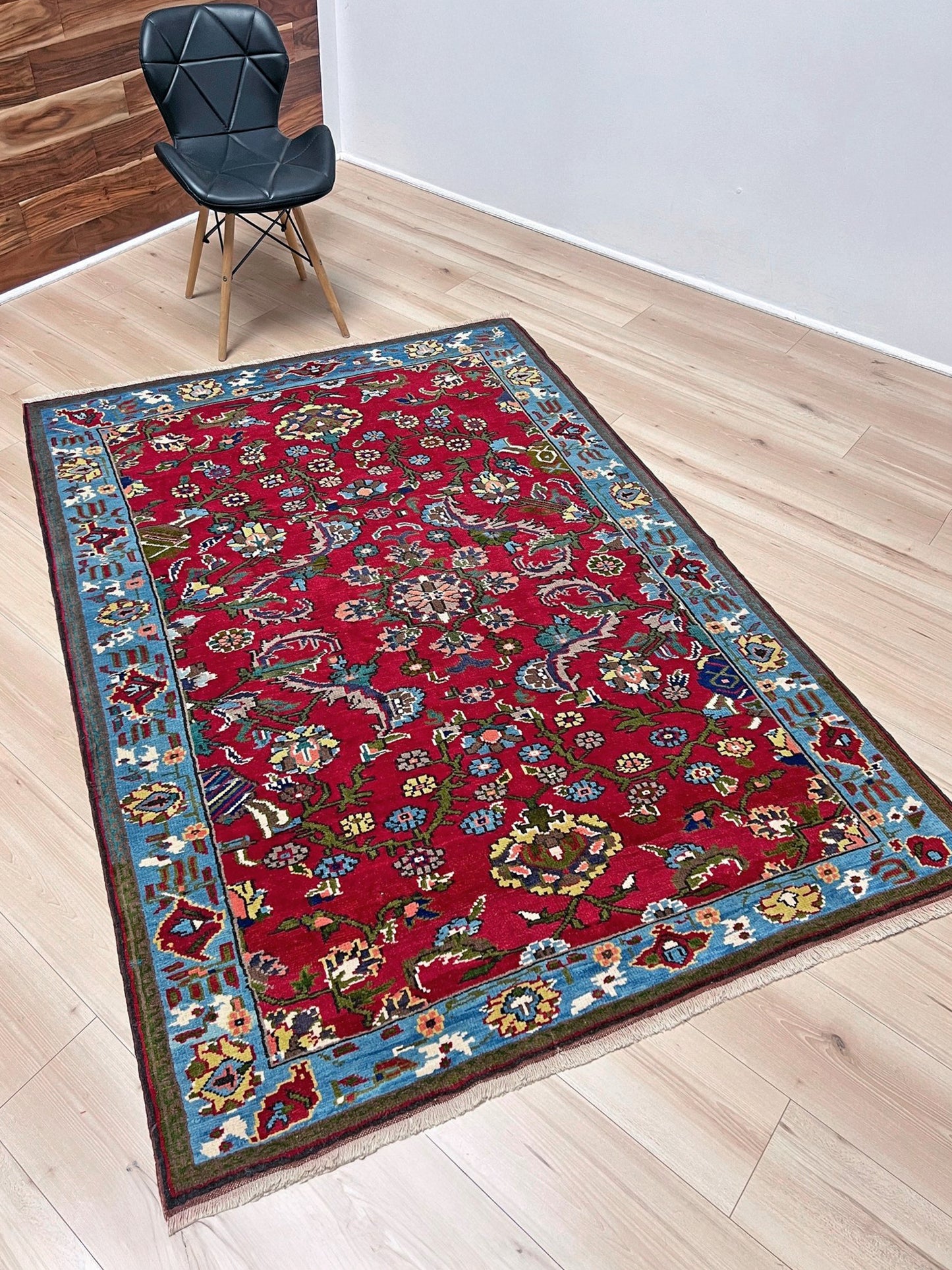 vintage turkish anatolian rug 4x6 cherry red sky blue border floral hand knotted wool carpet indigo rugs san francisco bay area