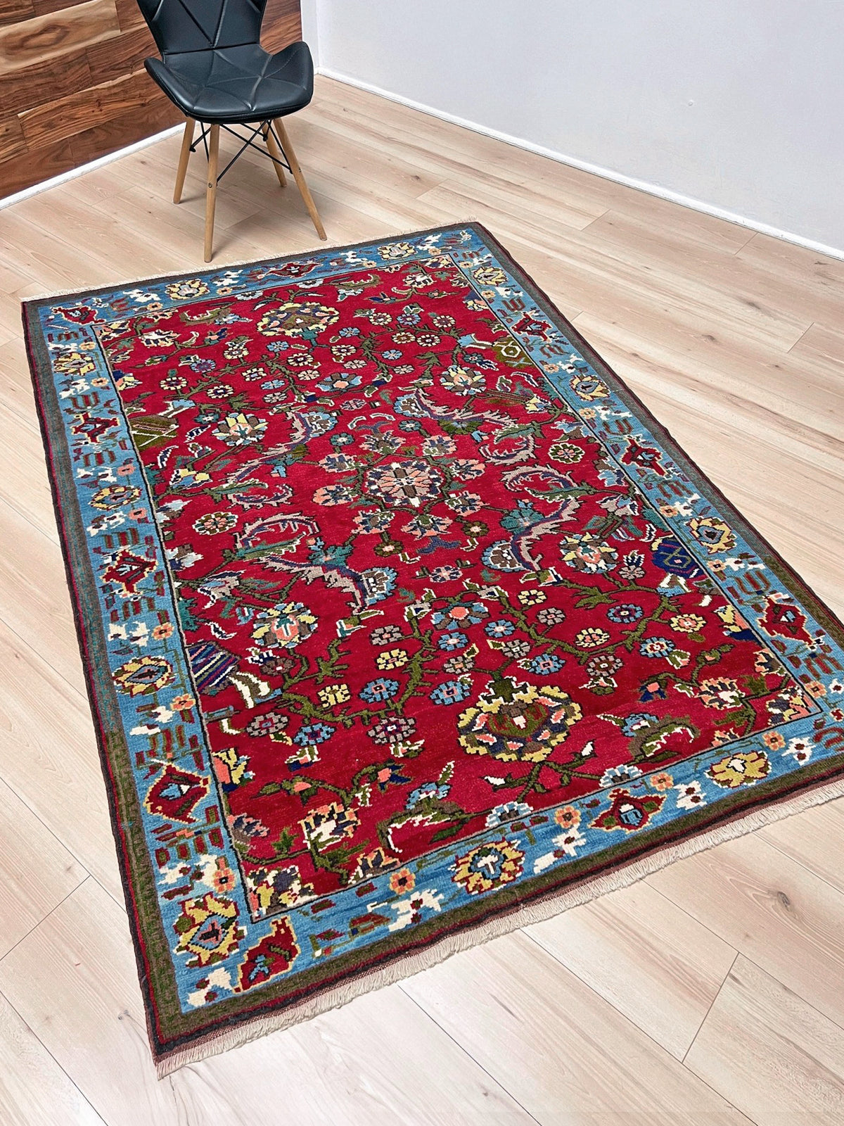 vintage turkish anatolian rug 4x6 cherry red sky blue border floral hand knotted wool carpet indigo rugs san francisco bay area