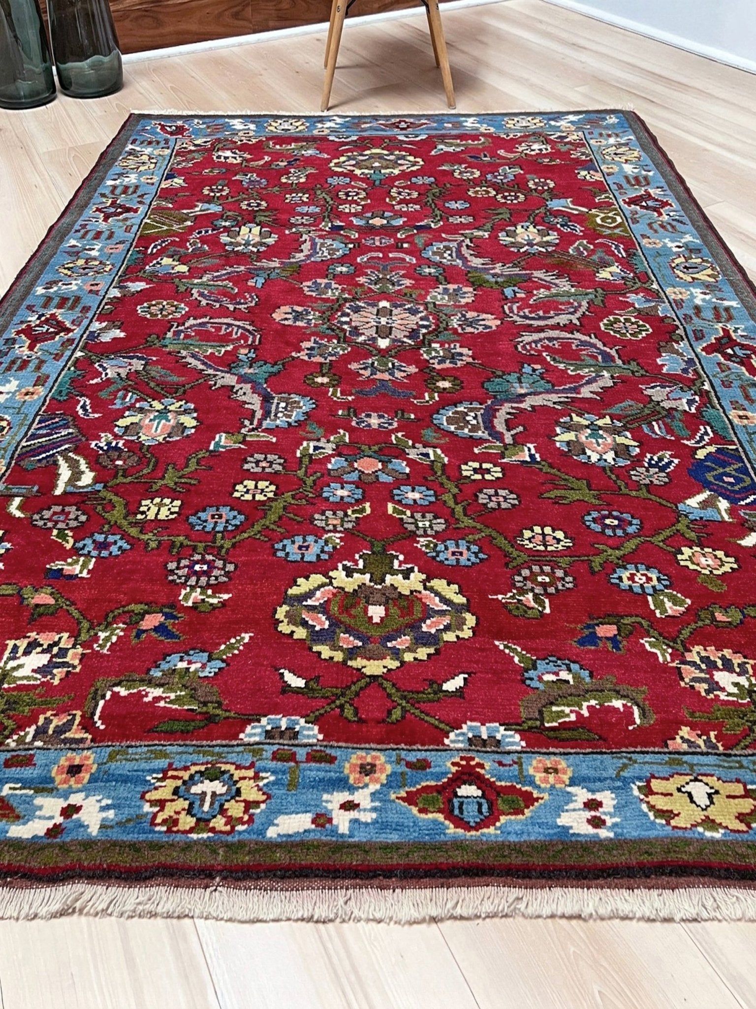 vintage turkish anatolian rug 4x6 cherry red sky blue border floral hand knotted wool carpet indigo rugs san francisco bay area