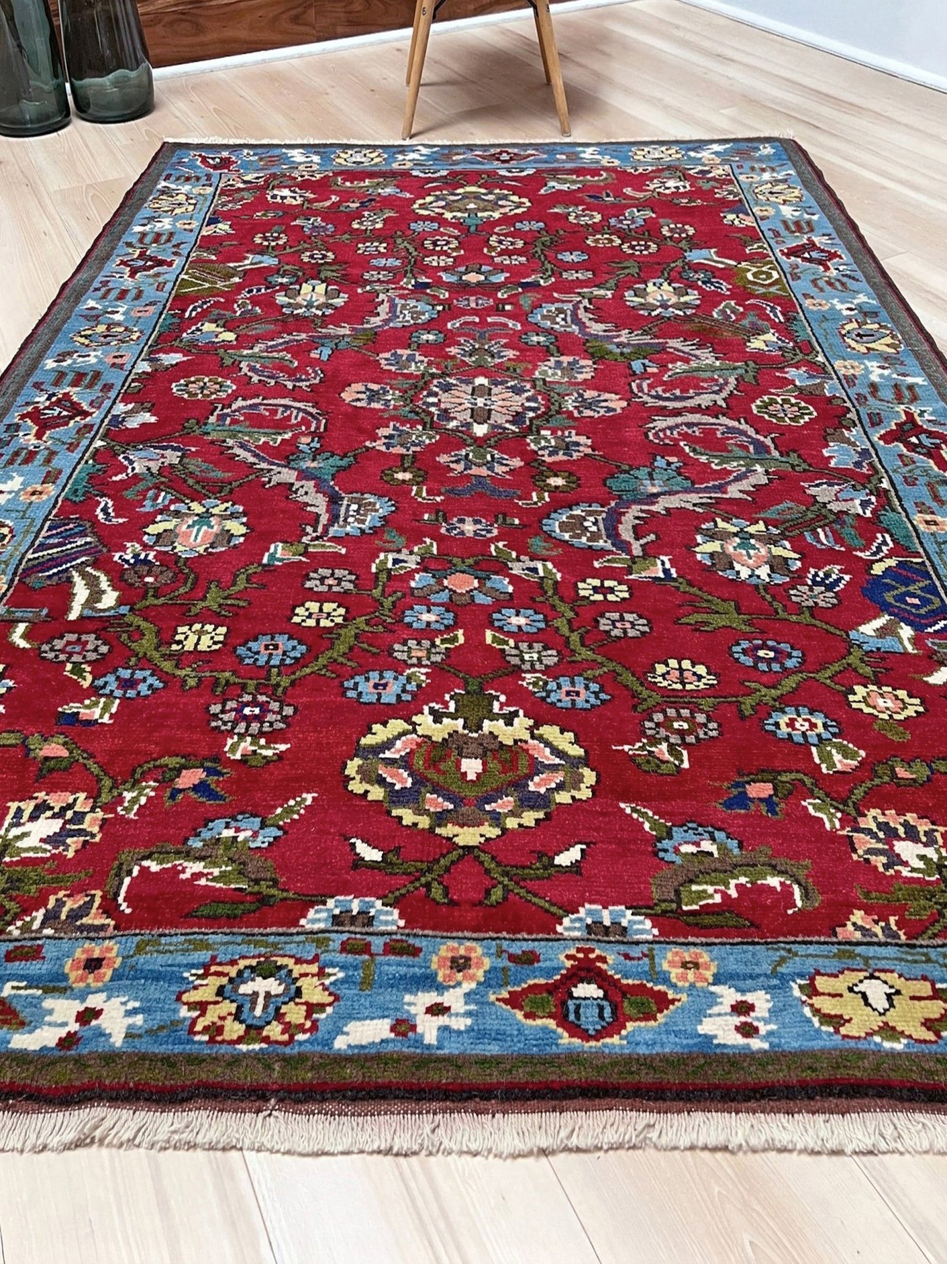 vintage turkish anatolian rug 4x6 cherry red sky blue border floral hand knotted wool carpet indigo rugs san francisco bay area