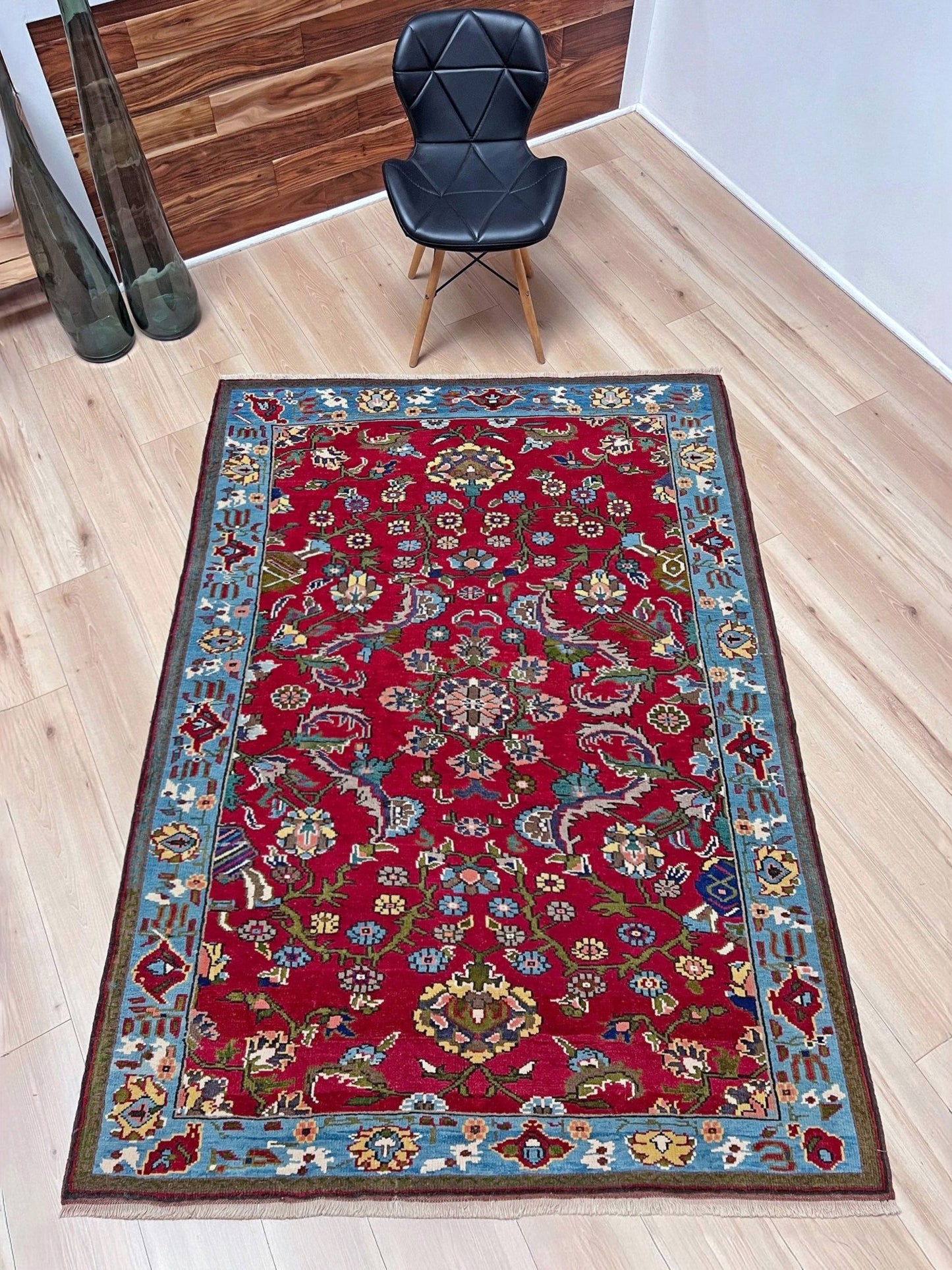 vintage turkish anatolian rug 4x6 cherry red sky blue border floral hand knotted wool carpet indigo rugs san francisco bay area