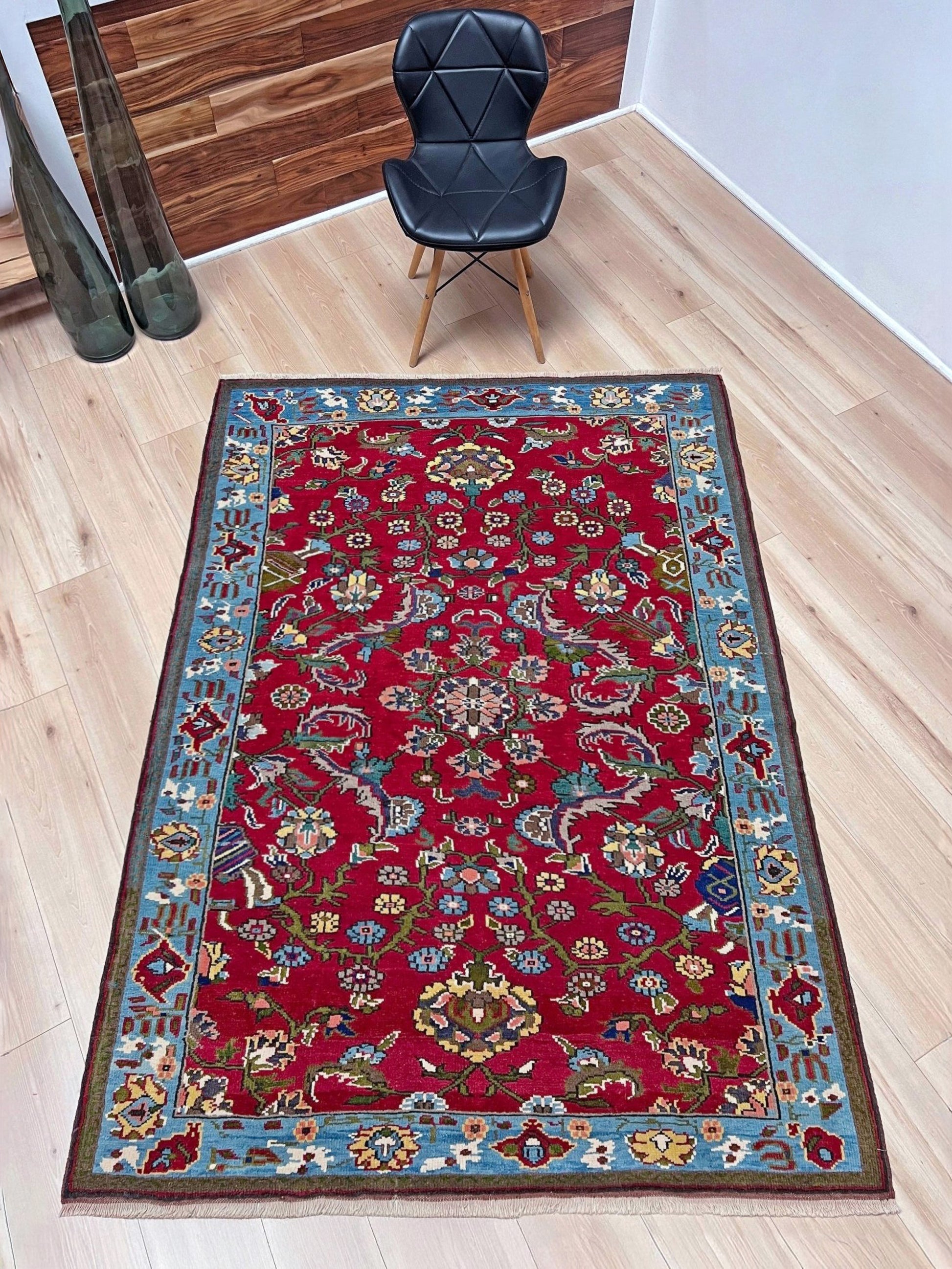 vintage turkish anatolian rug 4x6 cherry red sky blue border floral hand knotted wool carpet indigo rugs san francisco bay area