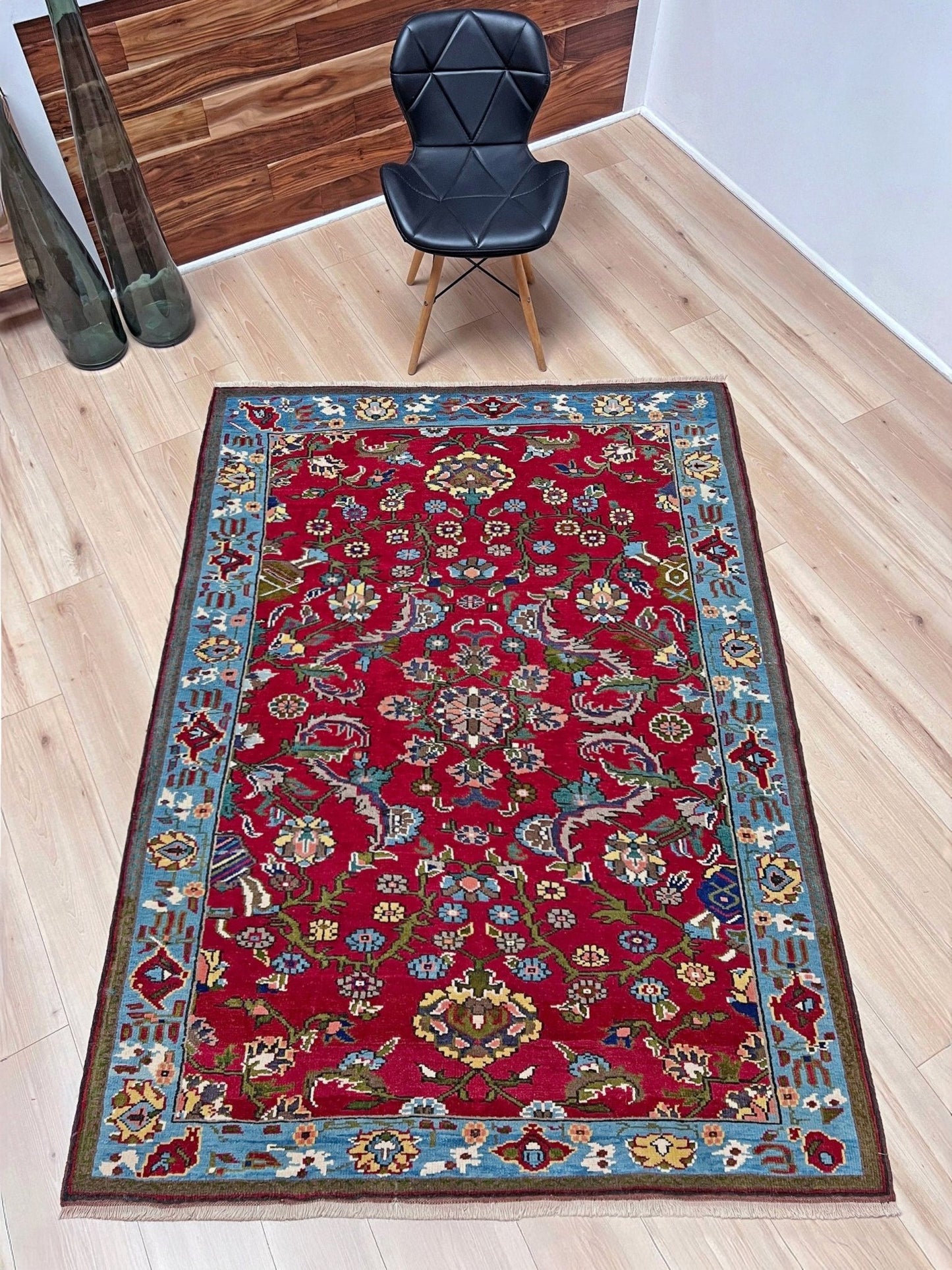 vintage turkish anatolian rug 4x6 cherry red sky blue border floral hand knotted wool carpet indigo rugs san francisco bay area